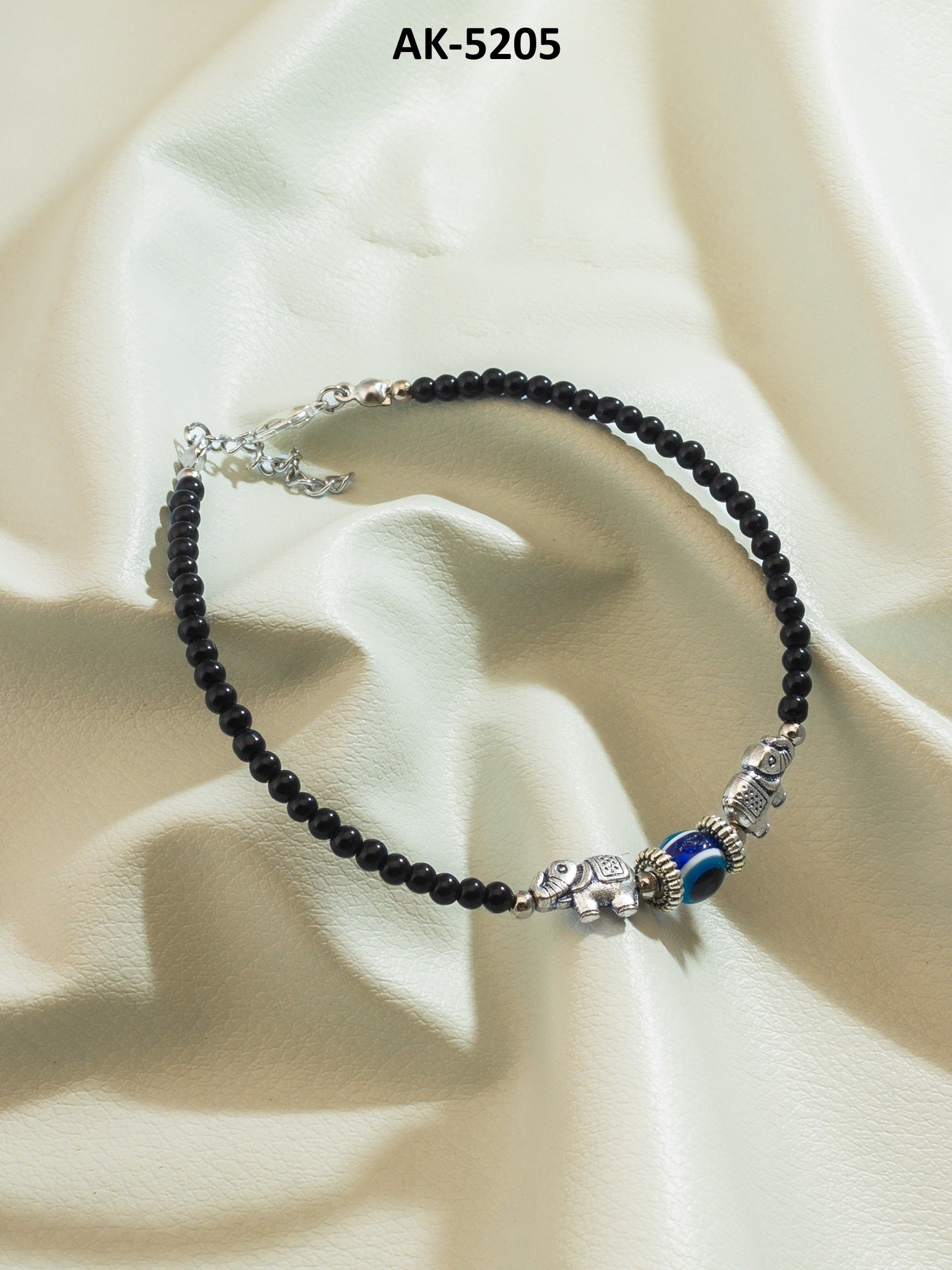 Black Bead Elephant Evil Eye Oxidized Single Anklet – View 5 | Aadita Jewelry
