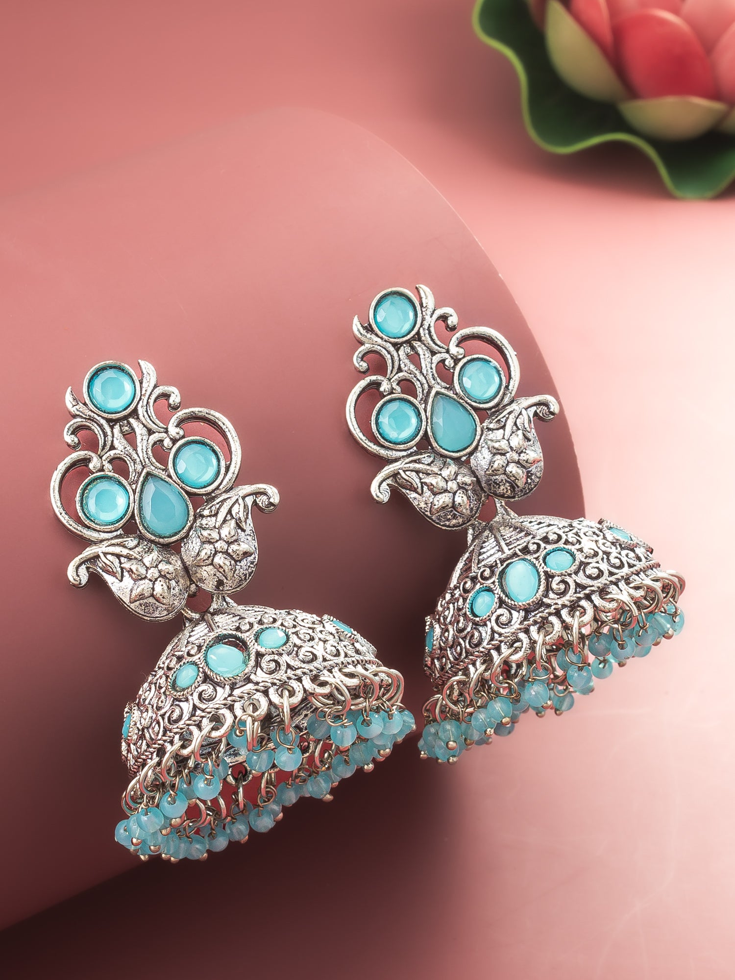 Aadita Silver Plated Stone Oxidized Jhumka Earrings – View 5 | Aadita Jewelry