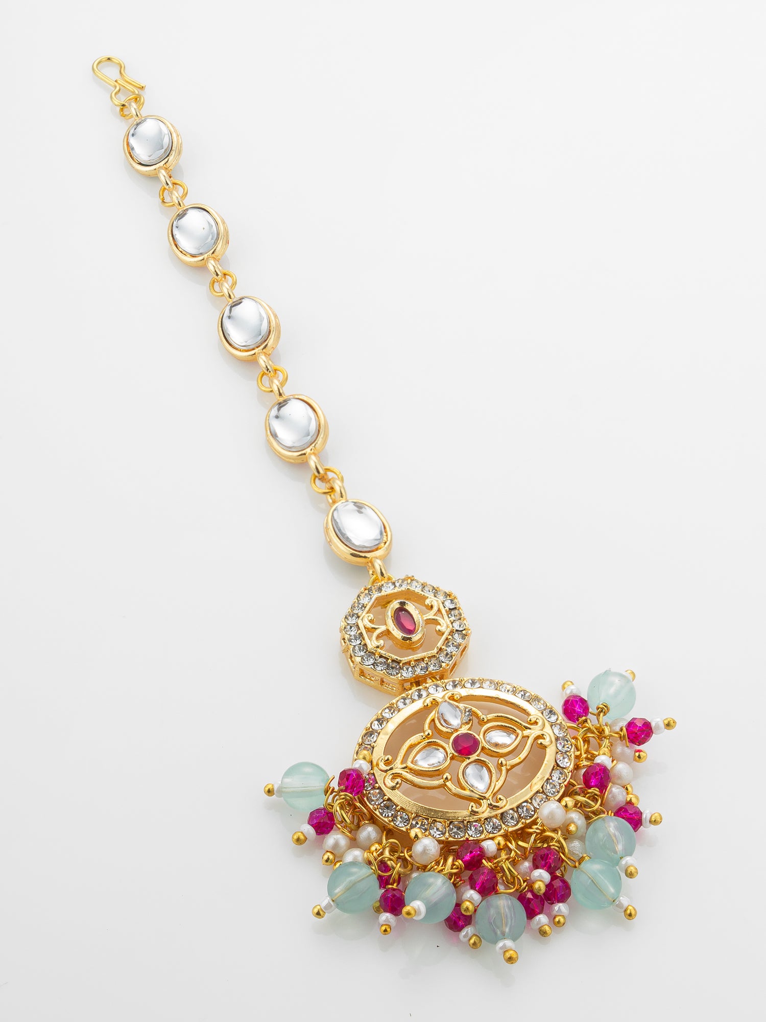 Aadita Gold Plated Oval Kundan Chain Mangtika with Double Disc Pendant and Mixed Bead Fringe – View 2 | Aadita Jewelry