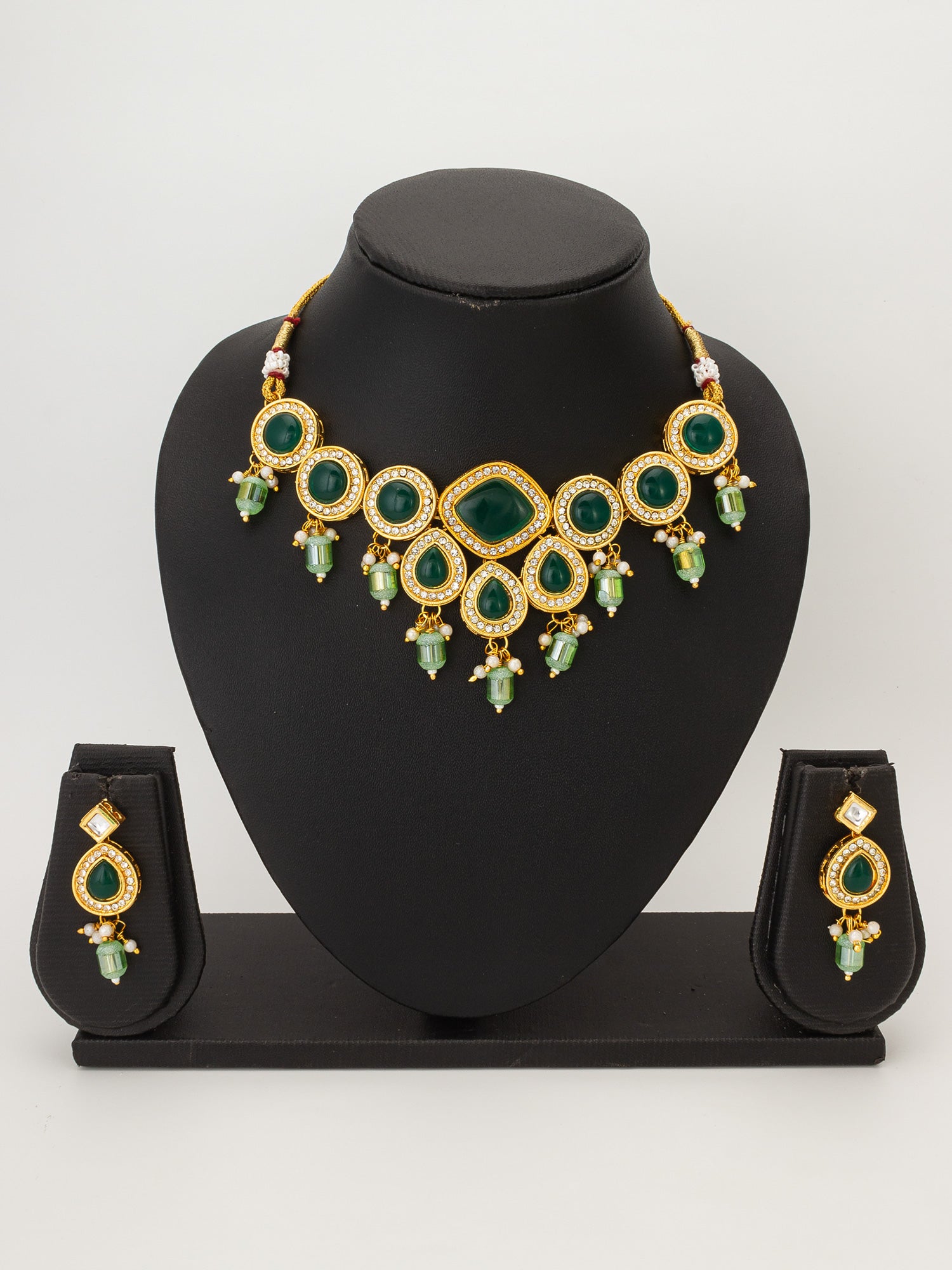 Kundan Necklace Set with Green Onyx Stones, Crystal Drops and Stud Earrings – View 4 | Aadita Jewelry