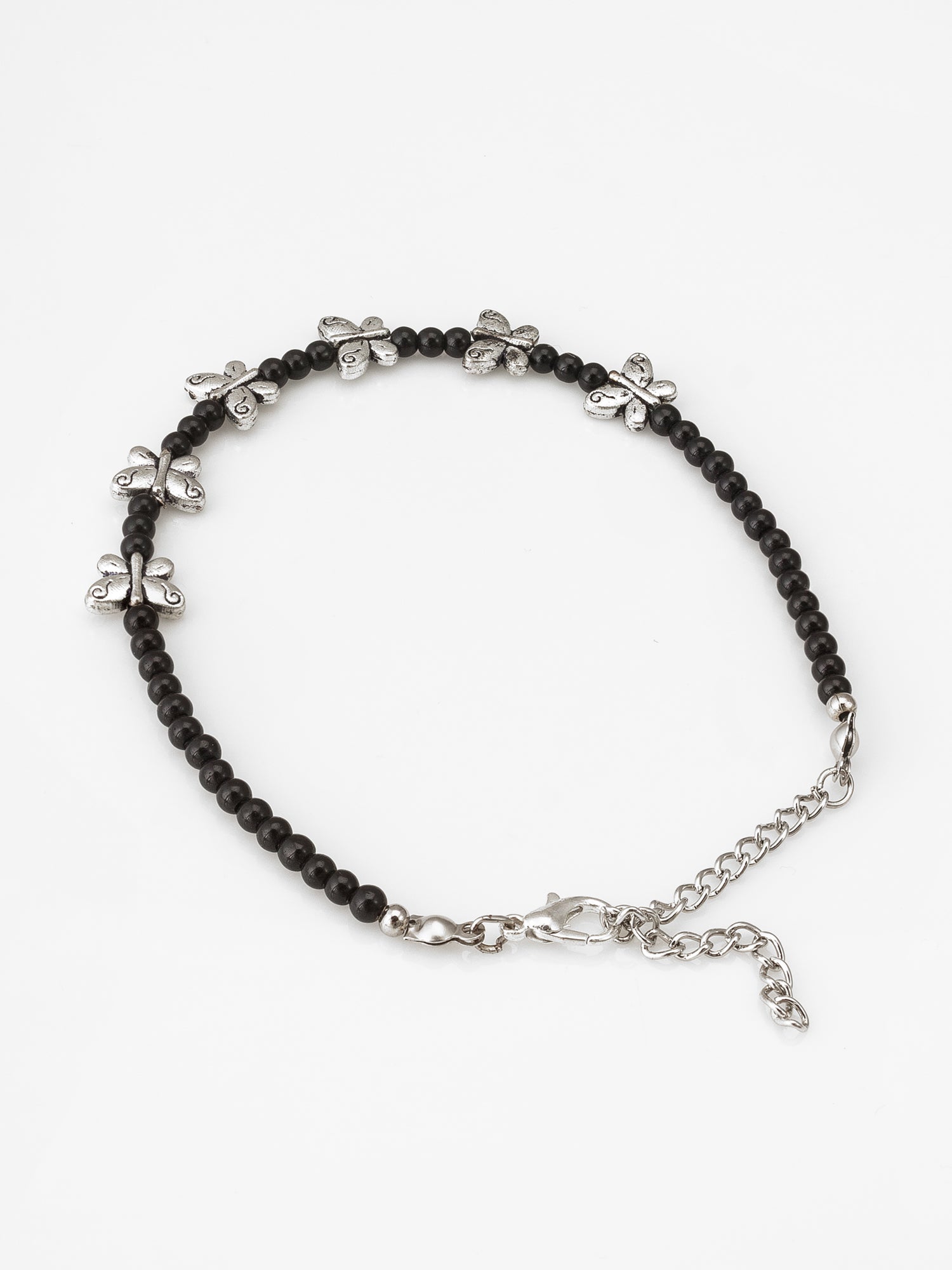 Black Bead Oxidized Butterfly Charm Beaded Anklet – View 3 | Aadita Jewelry