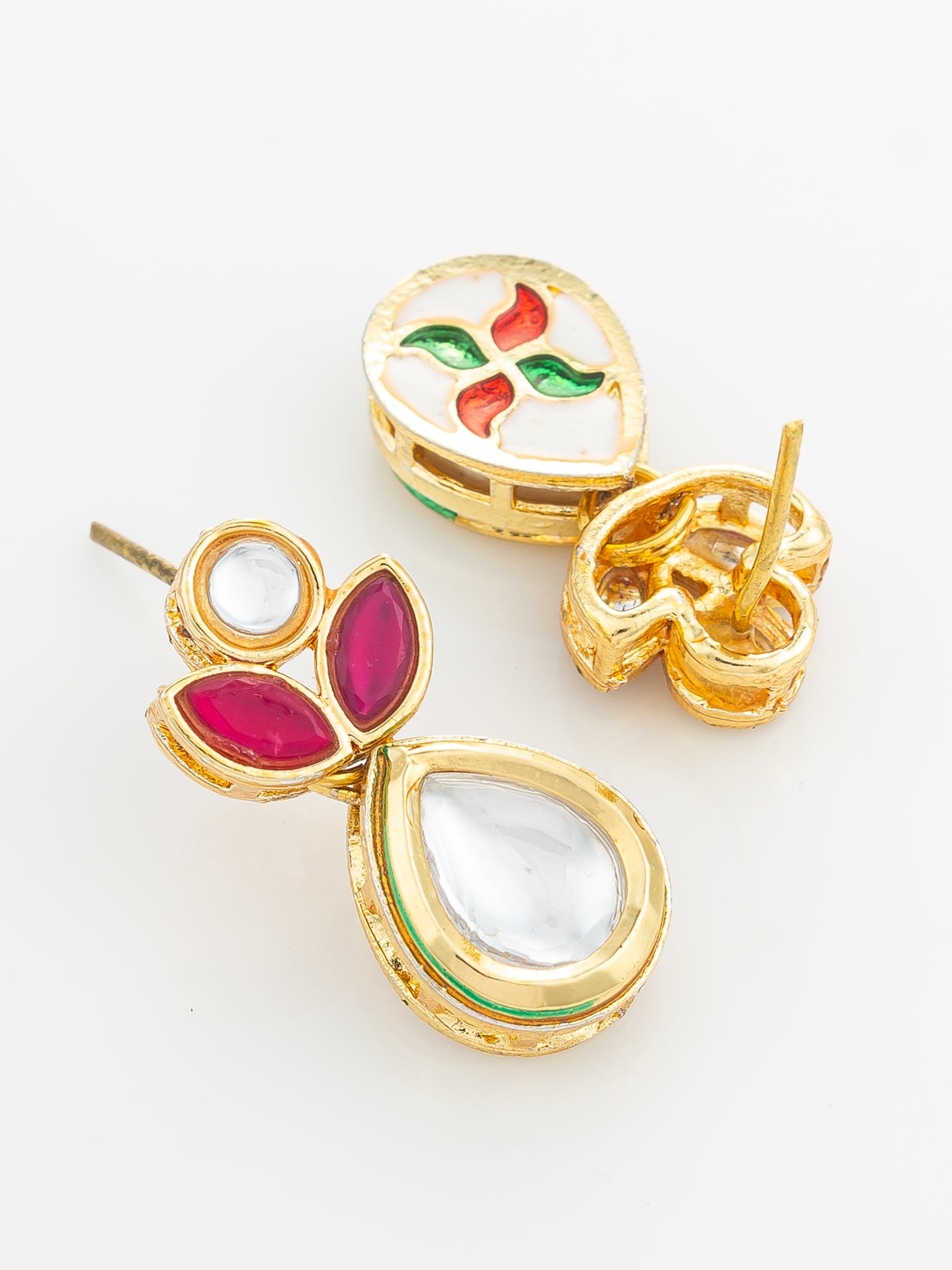Gold Plated Floral Motif Ruby and White Stone Drop Earrings – View 3 | Aadita Jewelry