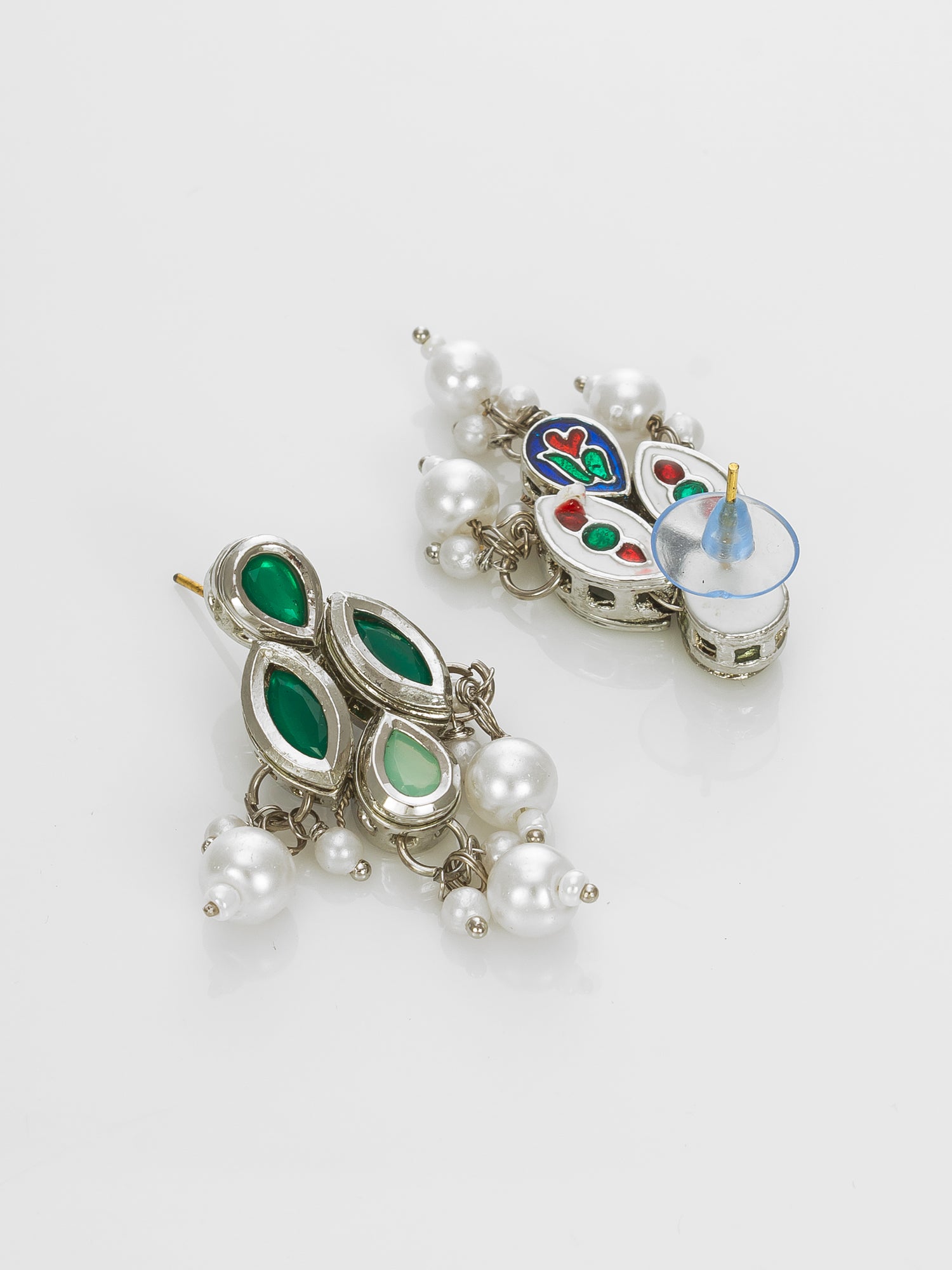 Silver Plated Green & White Beaded Kundan Pearl Necklace Set – View 3 | Aadita Jewelry