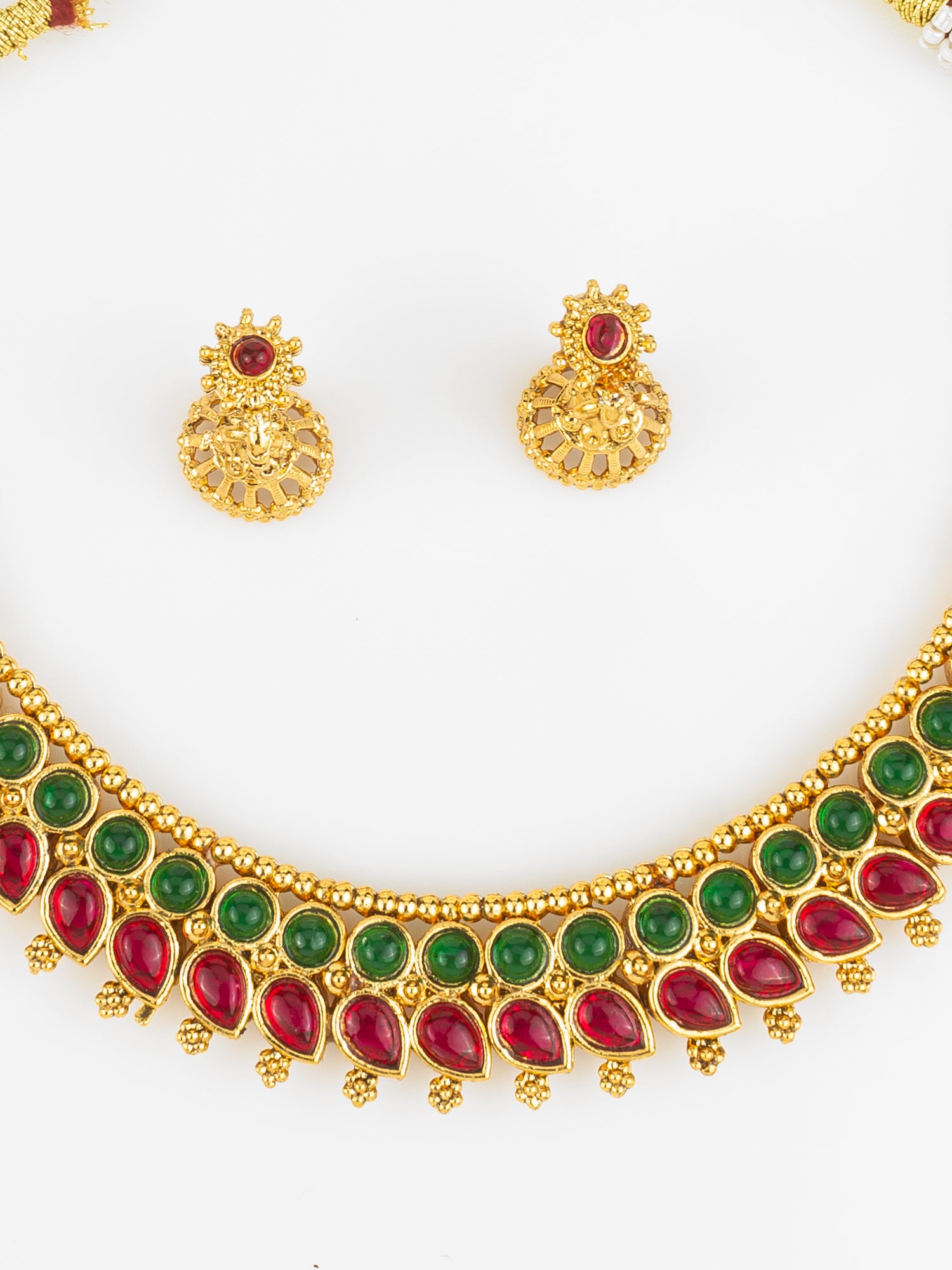 Gold Plated Red & Green Traditional Round and Teardrop Stone Necklace Set – View 4 | Aadita Jewelry
