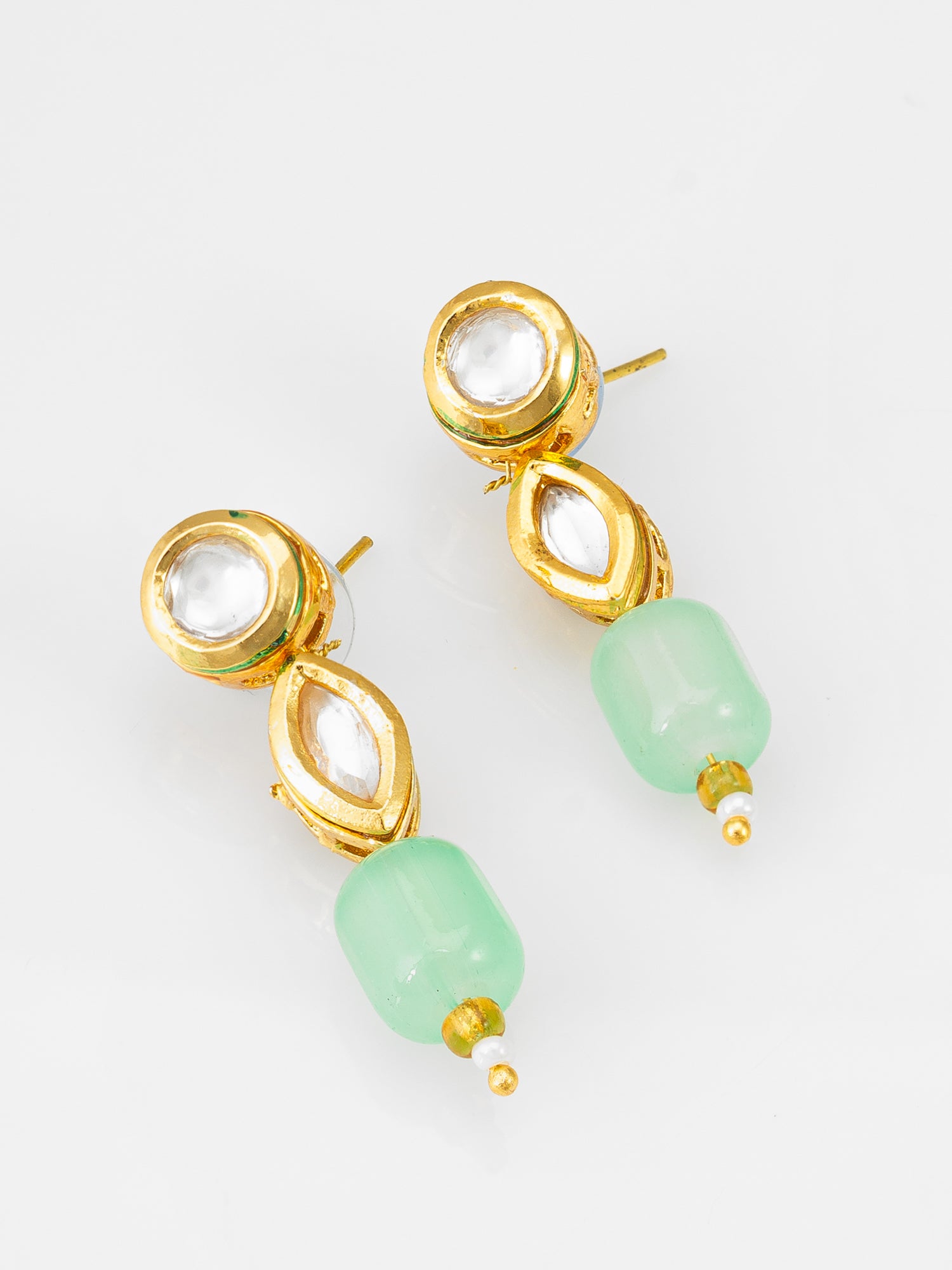 Mint Green Barrel Bead Multi-Strand Necklace Set with Kundan Pendant and Matching Earrings – View 2 | Aadita Jewelry
