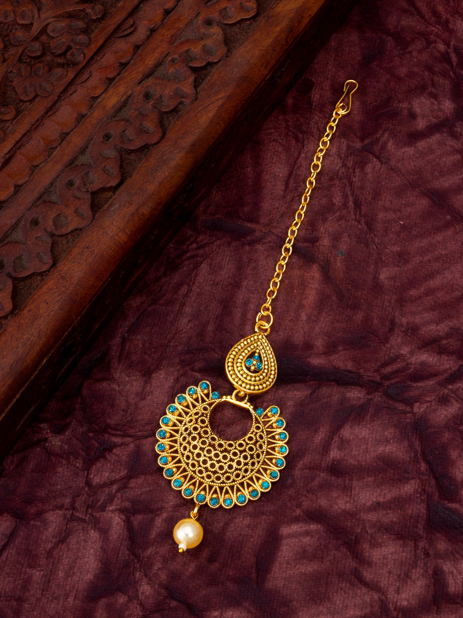 Gold-Plated Chandbali Maang Tikka with Teal AD Stones and Pearl Drop – View 5 | Aadita Jewelry