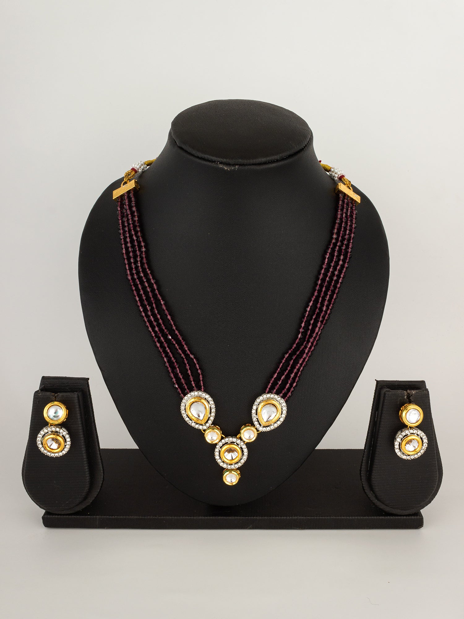 Classic Maroon Beaded Kundan Necklace Set with AD Stud Earrings – View 4 | Aadita Jewelry