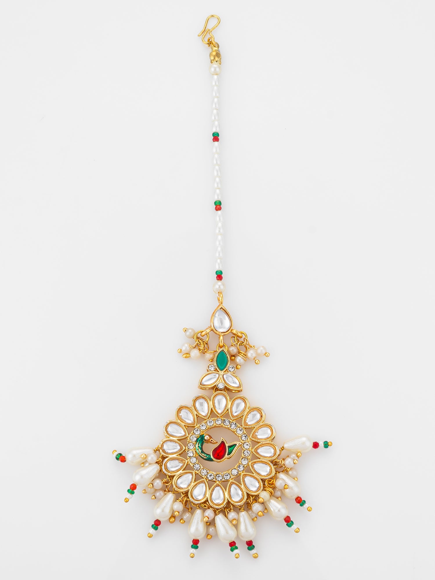 Aadita Gold Plated Kundan Peacock Maang Tikka with Pearl and Red-Green Bead Chain | Aadita Jewelry