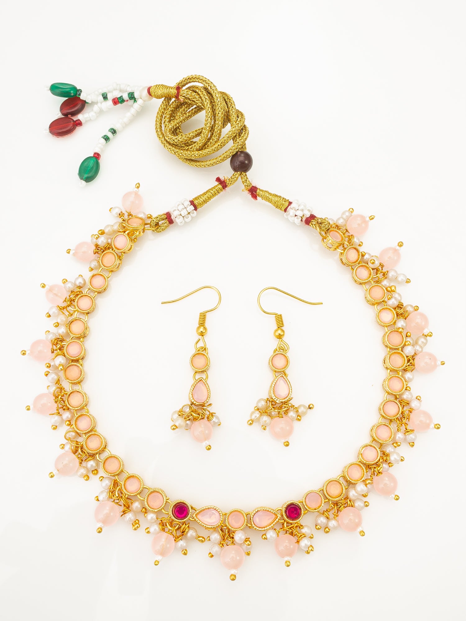 Gold Plated Peach Stone Choker Necklace Set with Earrings | Aadita Jewelry