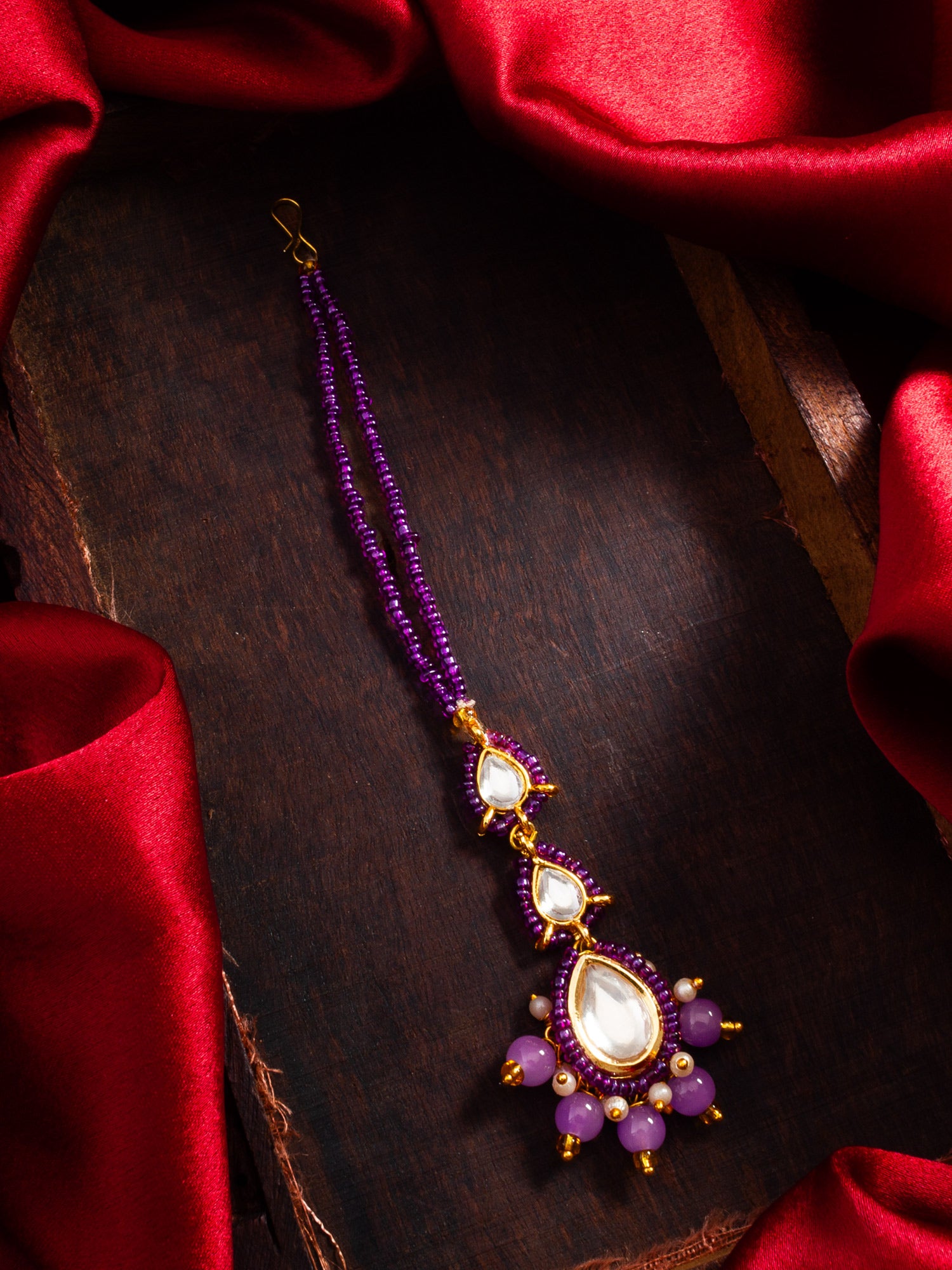 Pink Kundan Pearl Beaded Maang Tikka for Women – View 5 | Aadita Jewelry