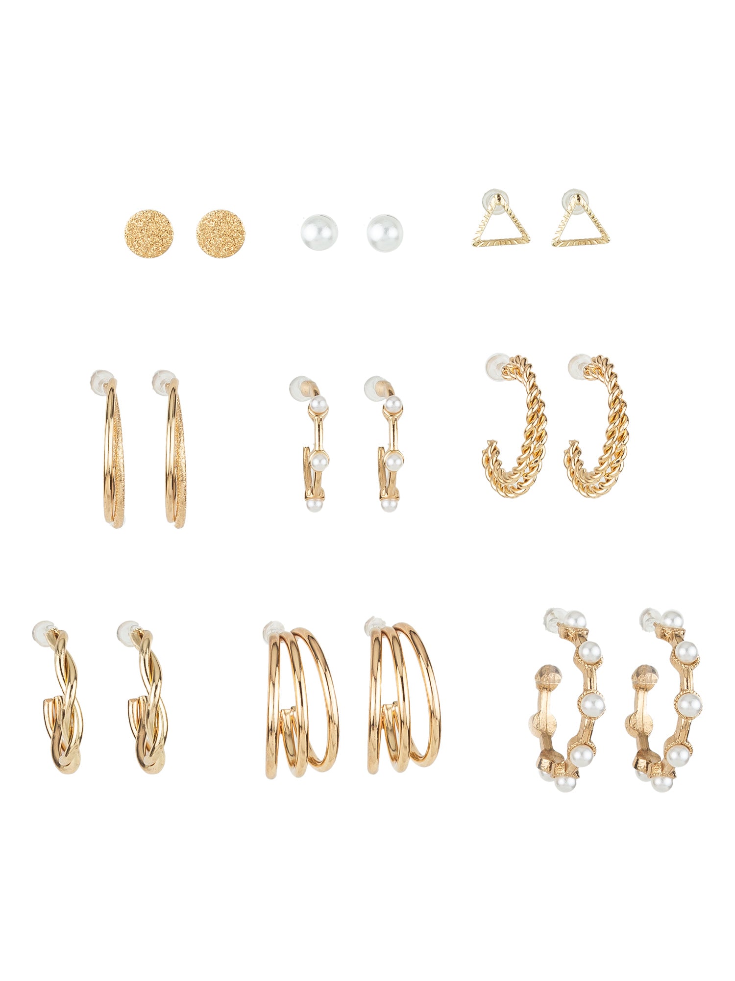 Gold Plated Textured & Pearl Accent Hoop Earring Combo Set for Women (Pack of 9 Pairs) – View 4 | Aadita Jewelry