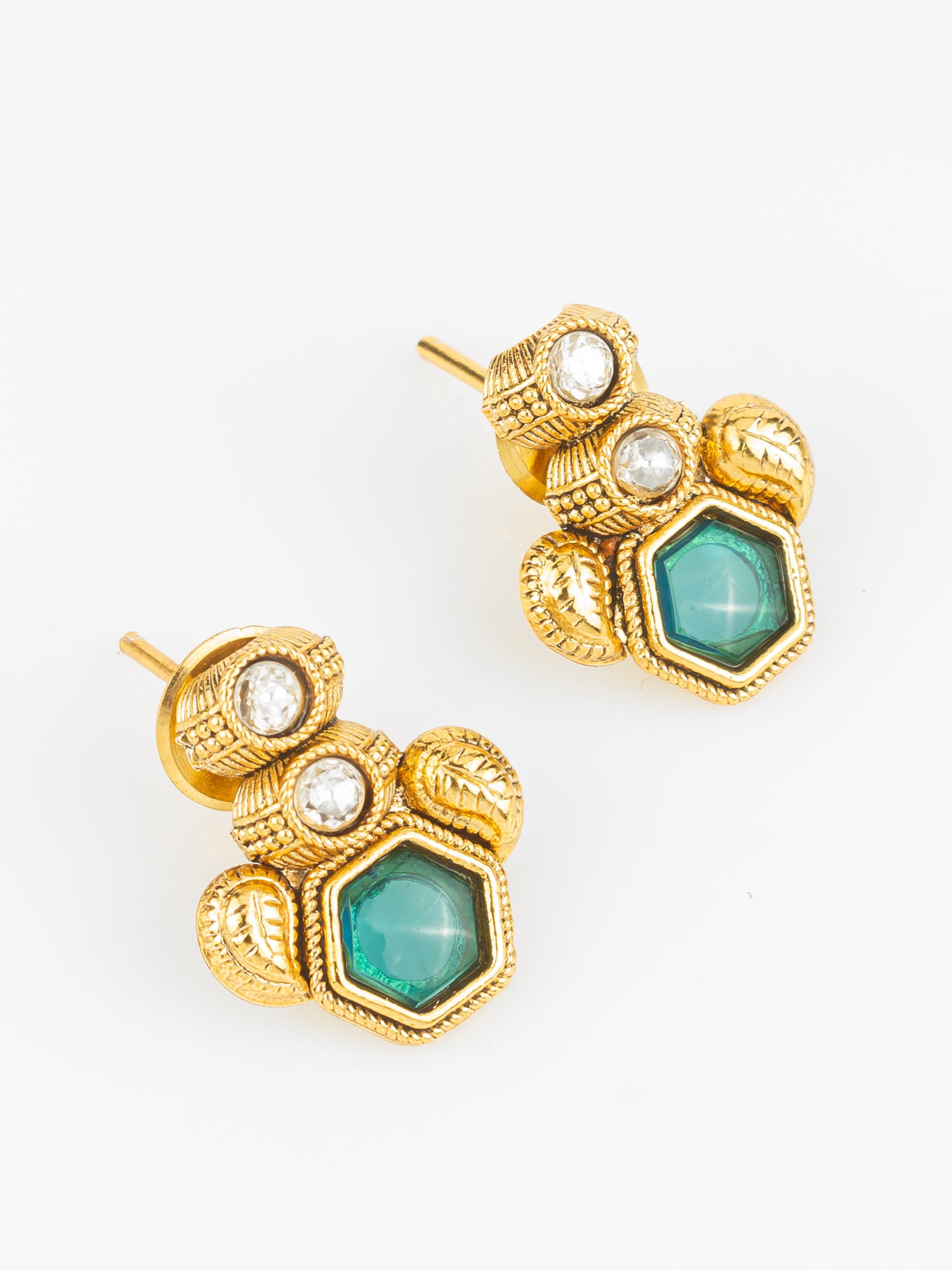 Gold Plated Green Hexagonal Stone Traditional Necklace Set for Women – View 2 | Aadita Jewelry