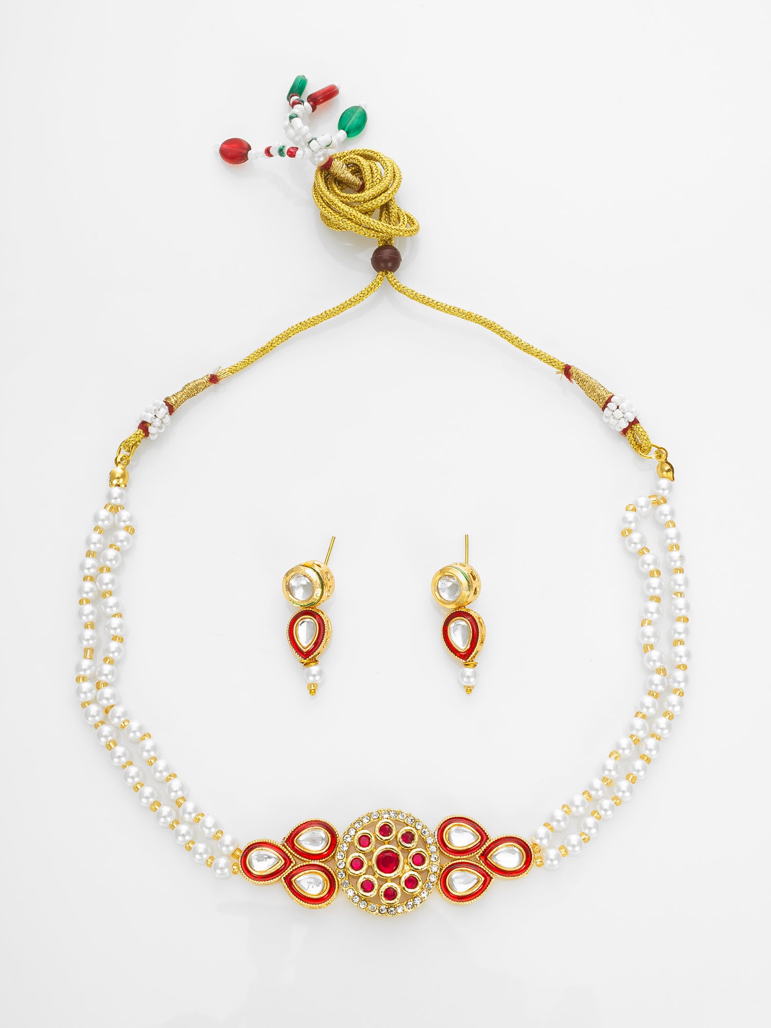 Gold Plated Red & White Pearl Beaded Kundan Necklace Set for Women | Aadita Jewelry