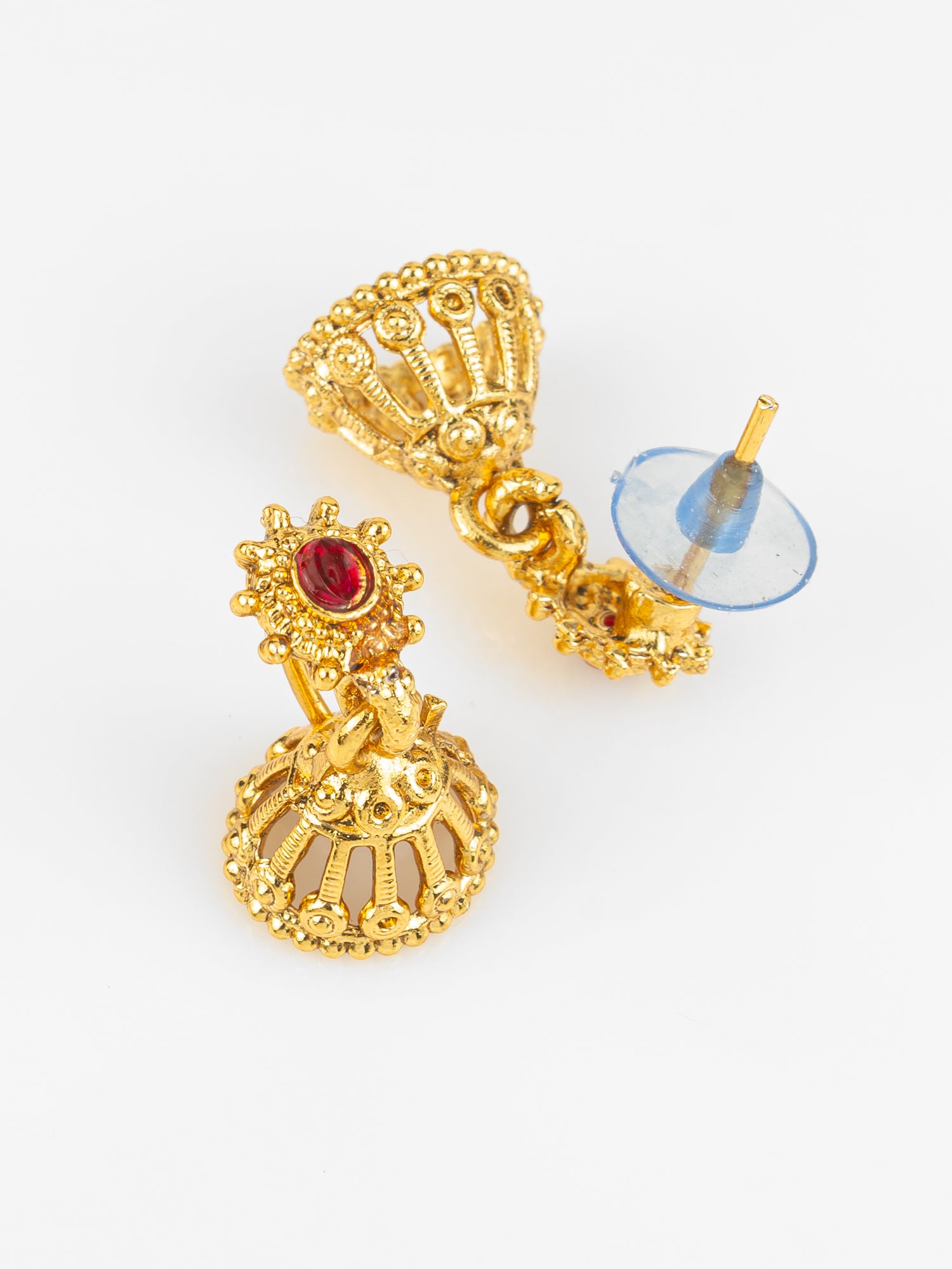 Gold Plated Red & Green Traditional Round and Teardrop Stone Necklace Set – View 3 | Aadita Jewelry