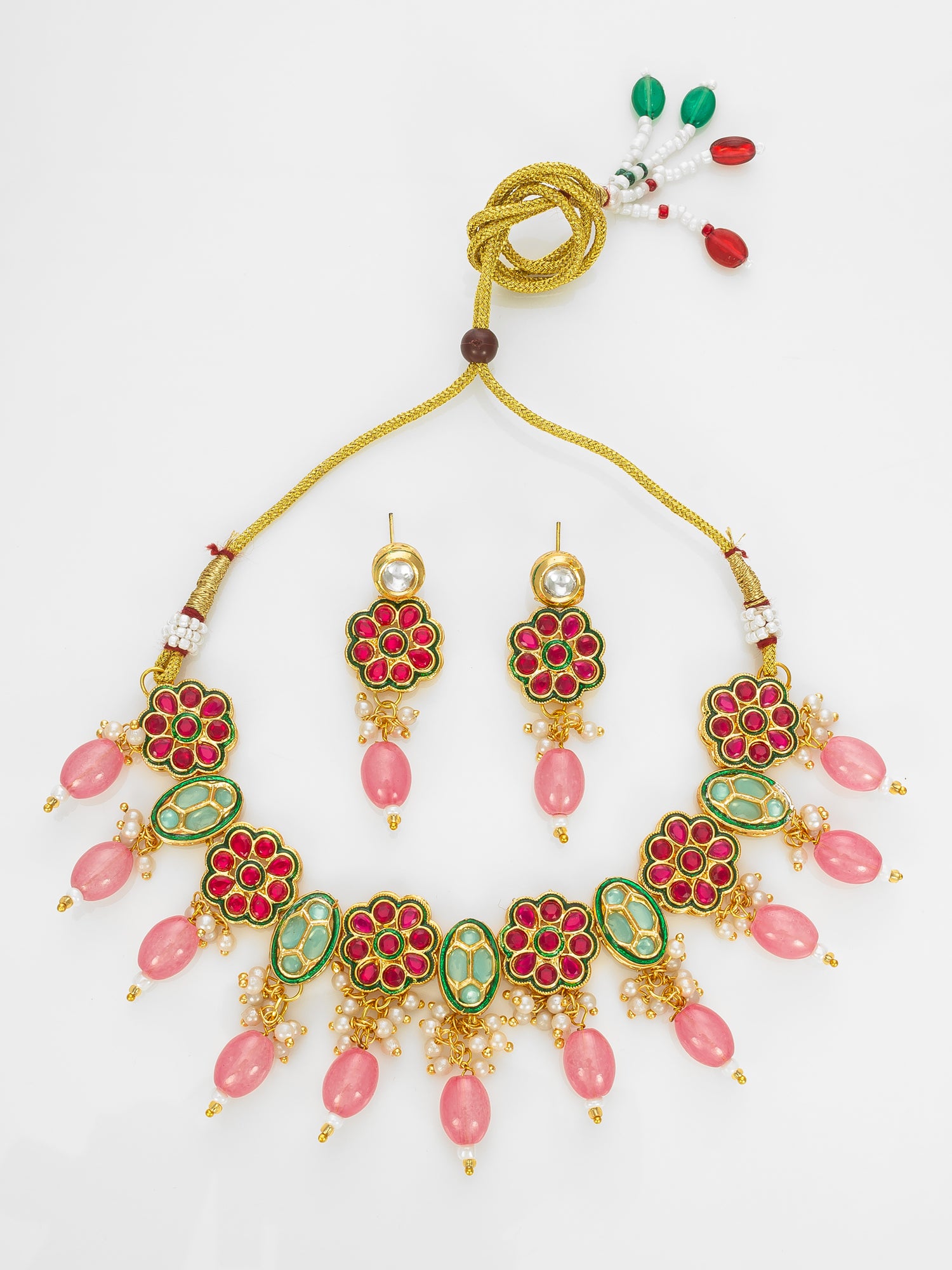 Gold Plated Kundan Floral Pink Beaded Necklace Set for Women | Aadita Jewelry