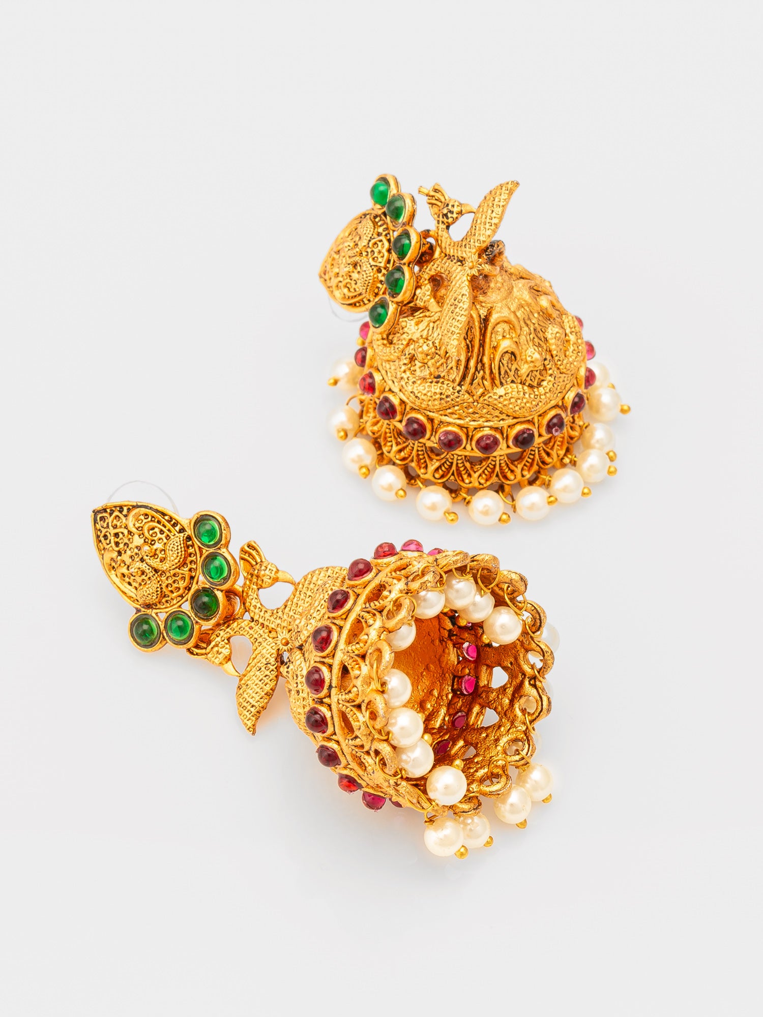 Aadita Traditional Gold Plated Green & Red Stone Jhumka Earrings – View 2 | Aadita Jewelry