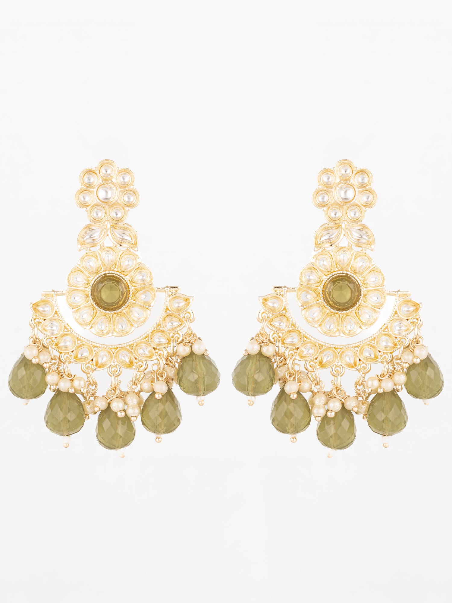 Aadita Olive Green Kundan Chandelier Earrings with Faceted Drops | Aadita Jewelry