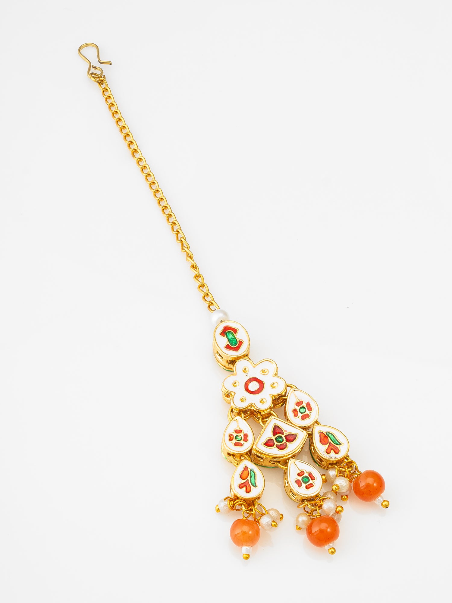 Kundan Maang Tikka with Orange Beads and Pearl – View 2 | Aadita Jewelry