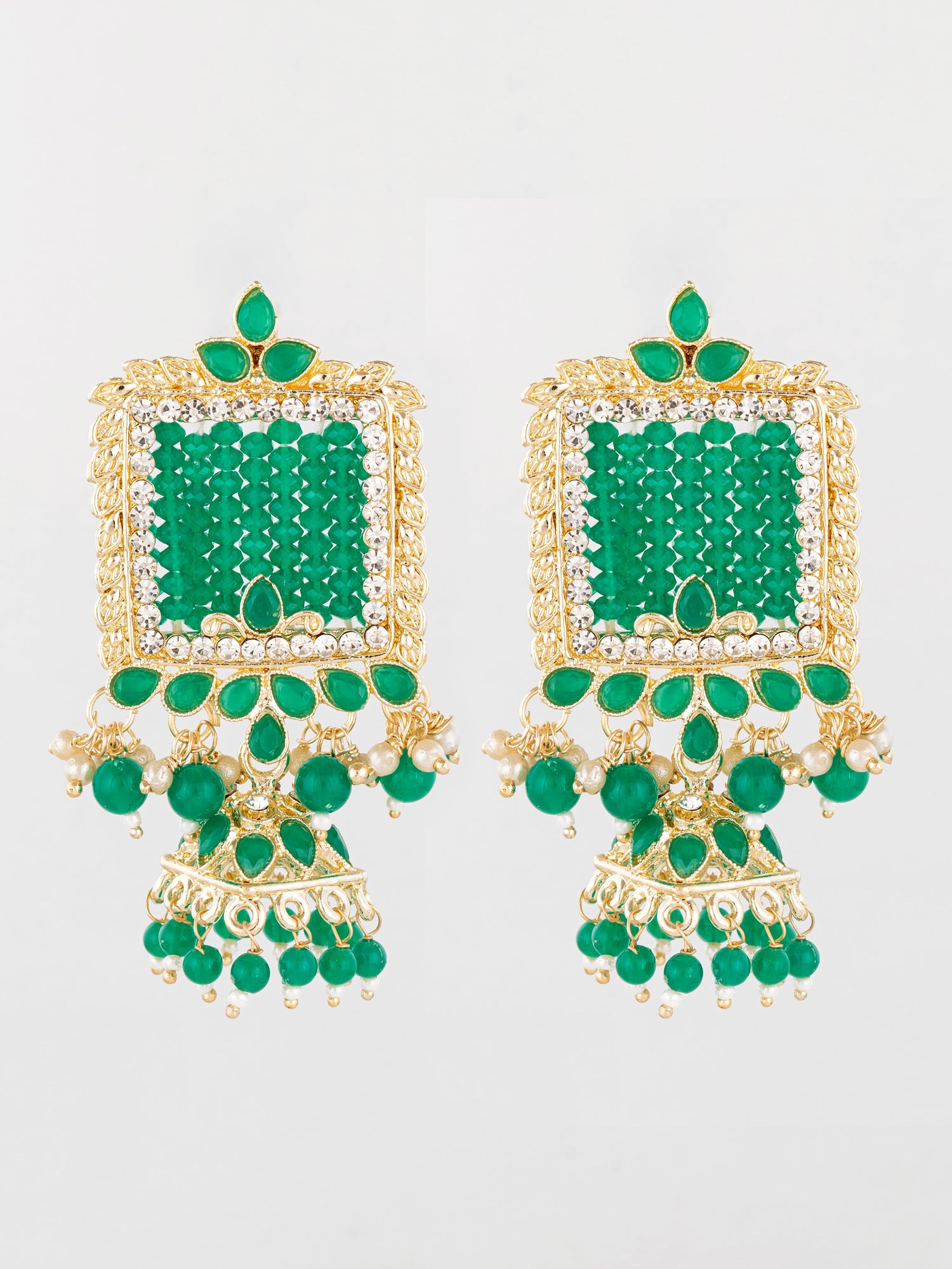 Aadita Gold Plated Green Stone Heavy Chandlier Jhumka Earrings | Aadita Jewelry