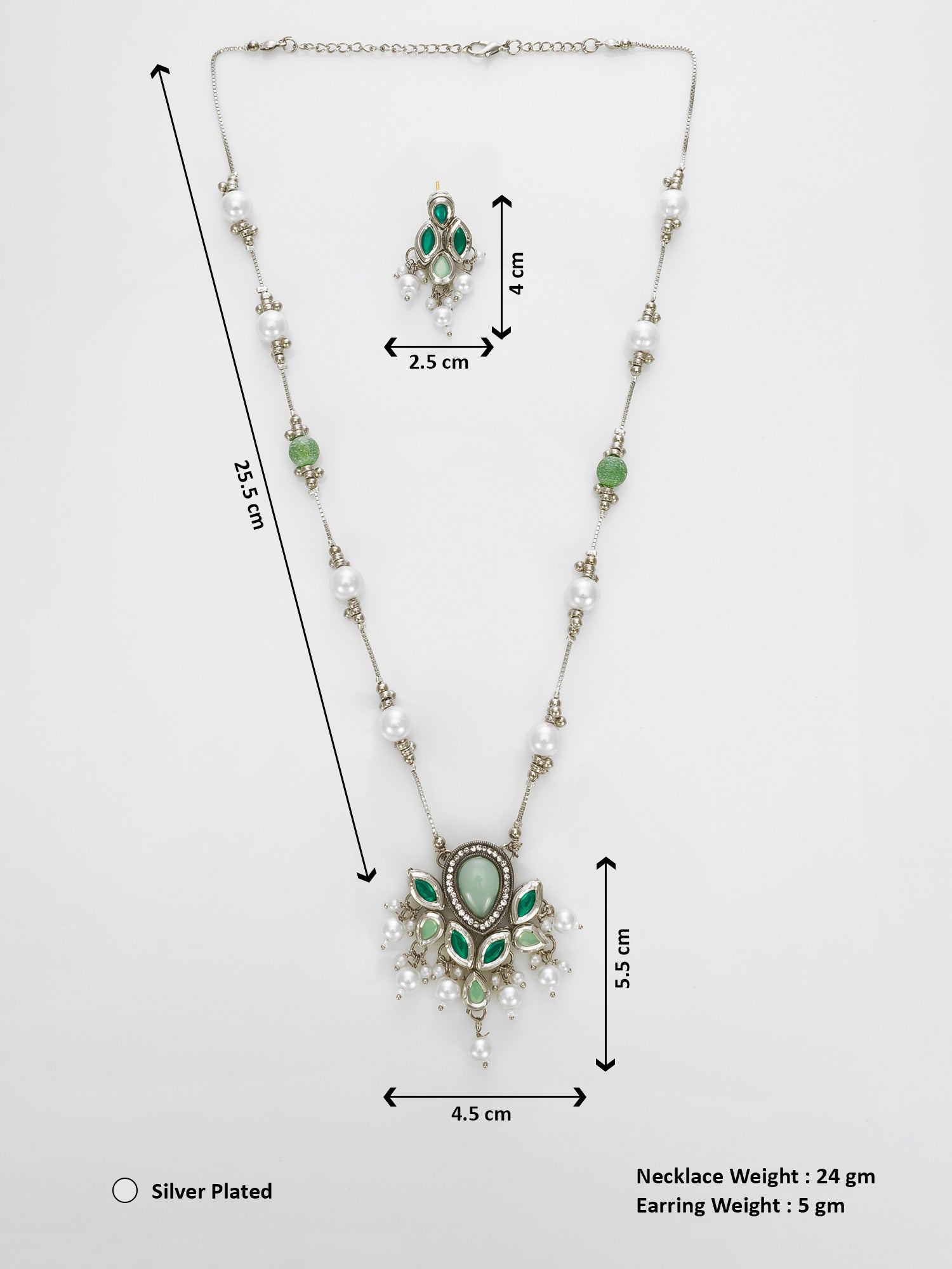 Silver Plated Green & White Beaded Kundan Pearl Necklace Set – View 5 | Aadita Jewelry