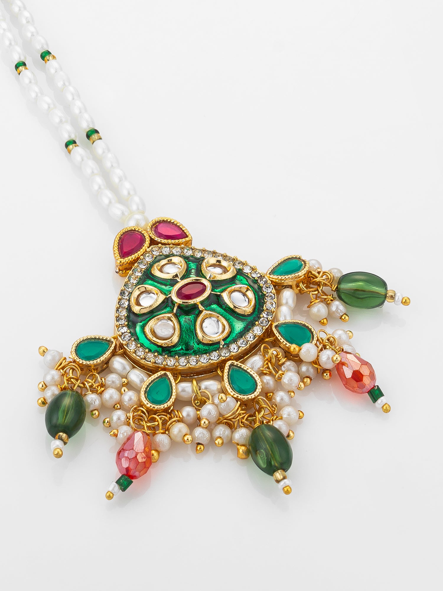 Aadita Gold Plated Kundan Mangtika with Green Meenakari Pendant and Pearl Bead Chain – View 3 | Aadita Jewelry