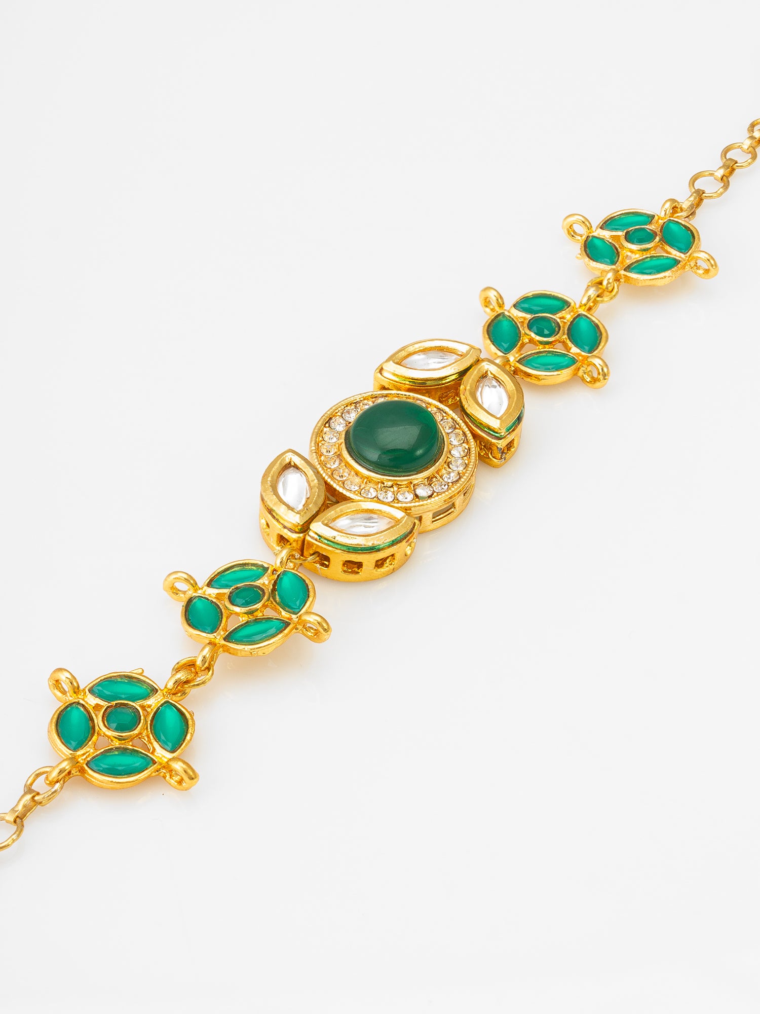 Gold-Plated Emerald Green Kundan Bracelet with Pearl Drop – View 2 | Aadita Jewelry