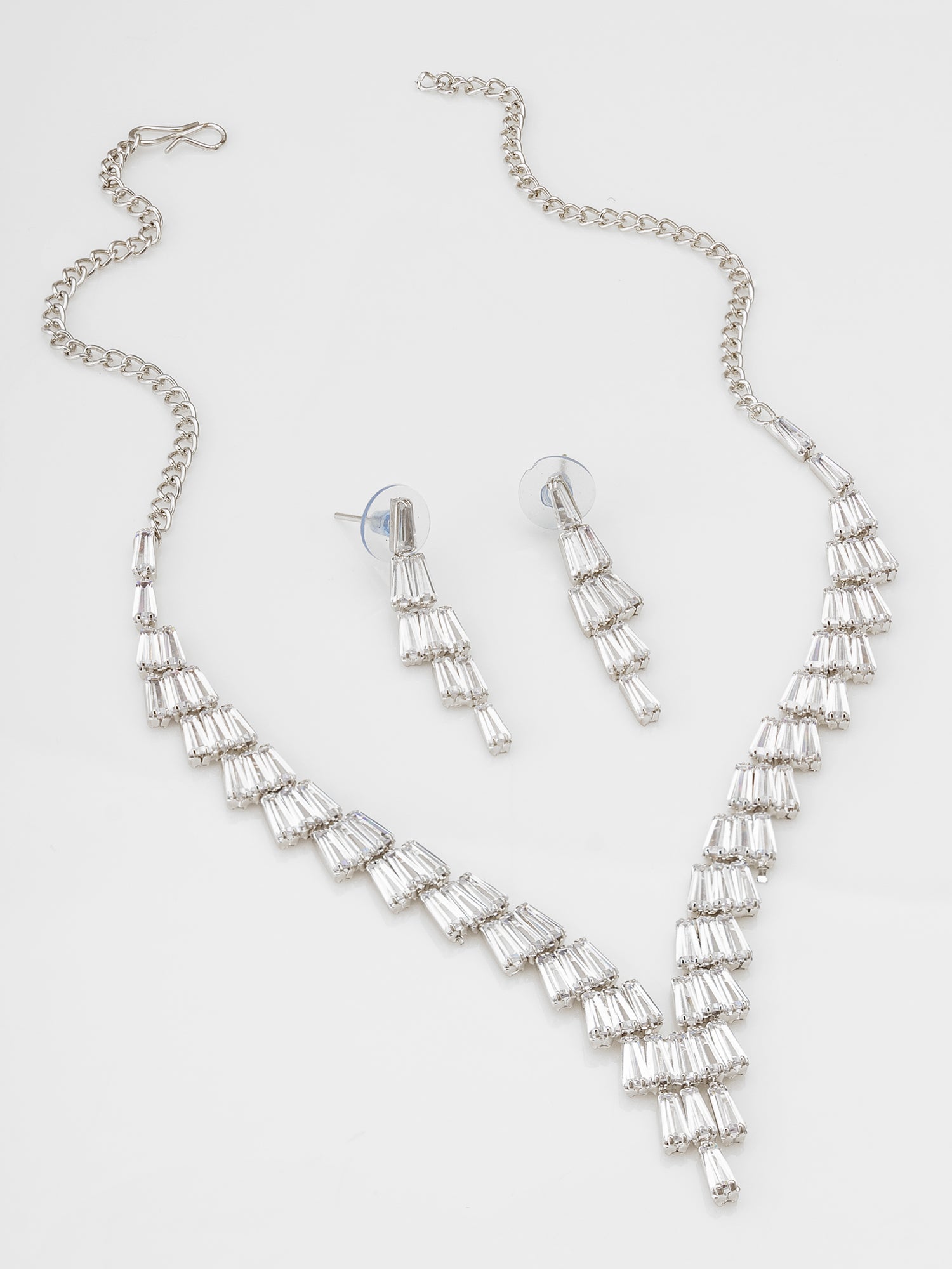 Layered Baguette Drop AD Necklace Set With Earrings | Aadita Jewelry