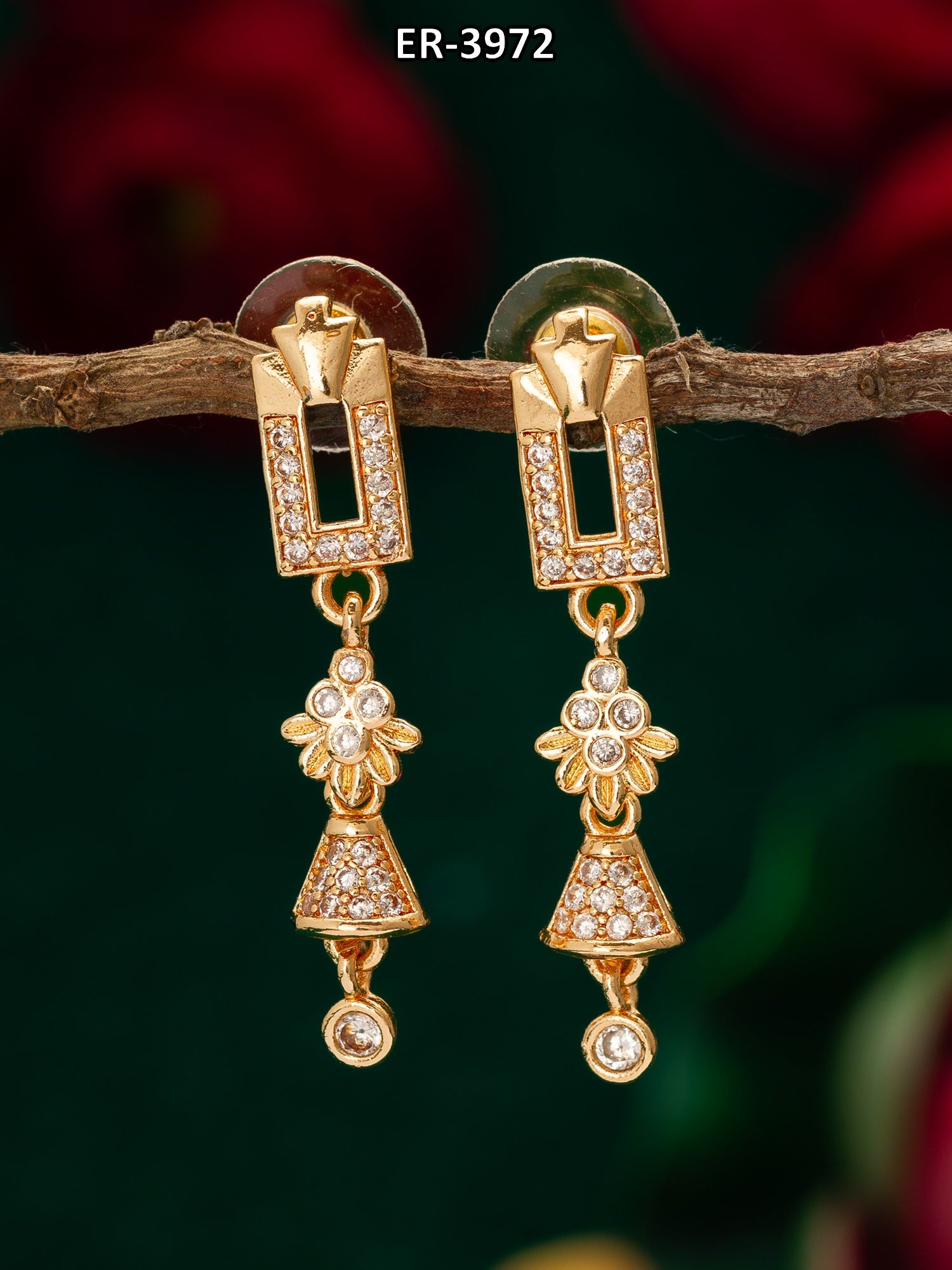 Geometric Floral American Diamond Dangle Earrings – View 5 | Aadita Jewelry
