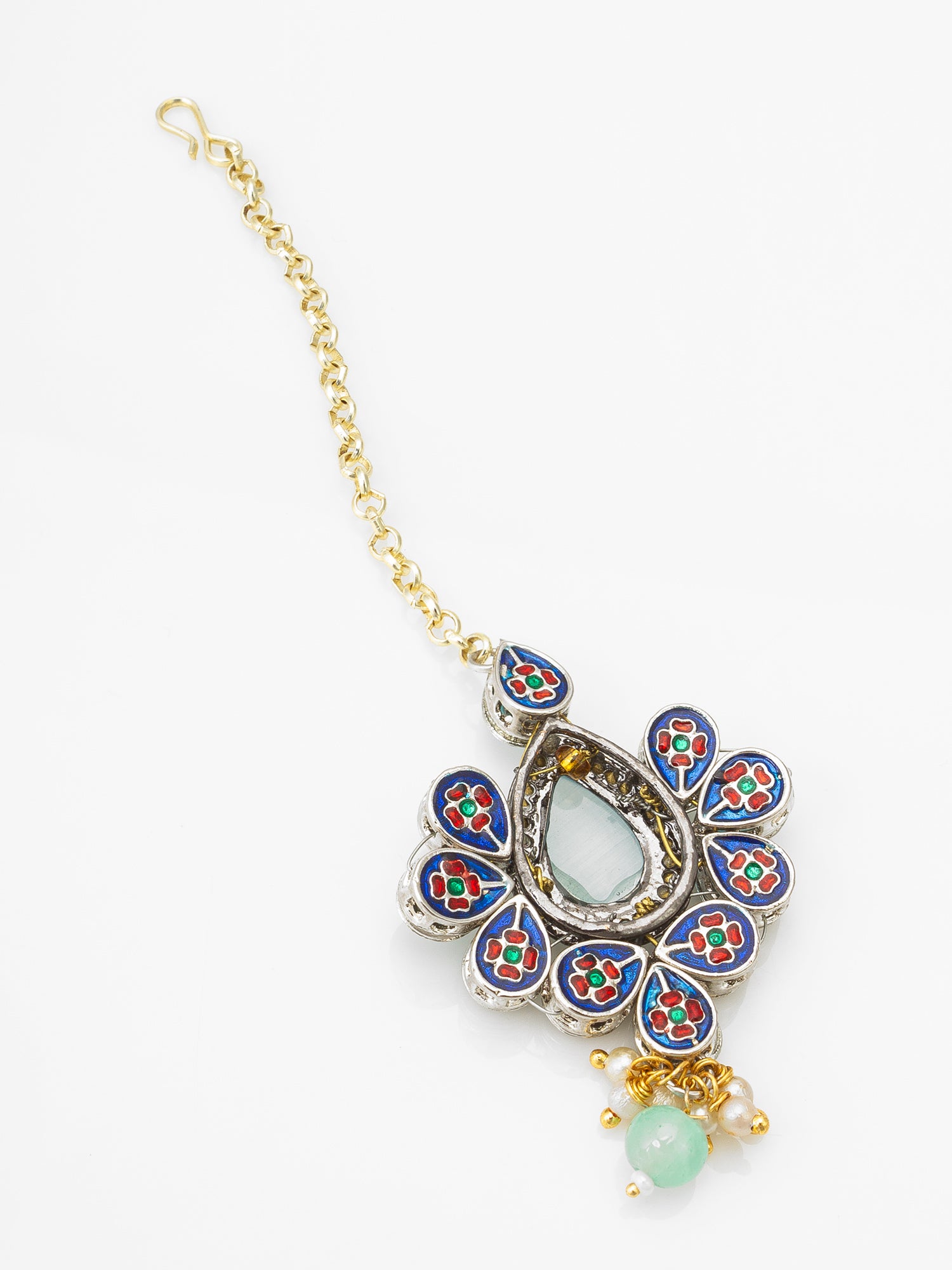 Silver-Toned Oxidized Maang Tikka with Teal and Emerald Stones and Pearl Drop – View 2 | Aadita Jewelry