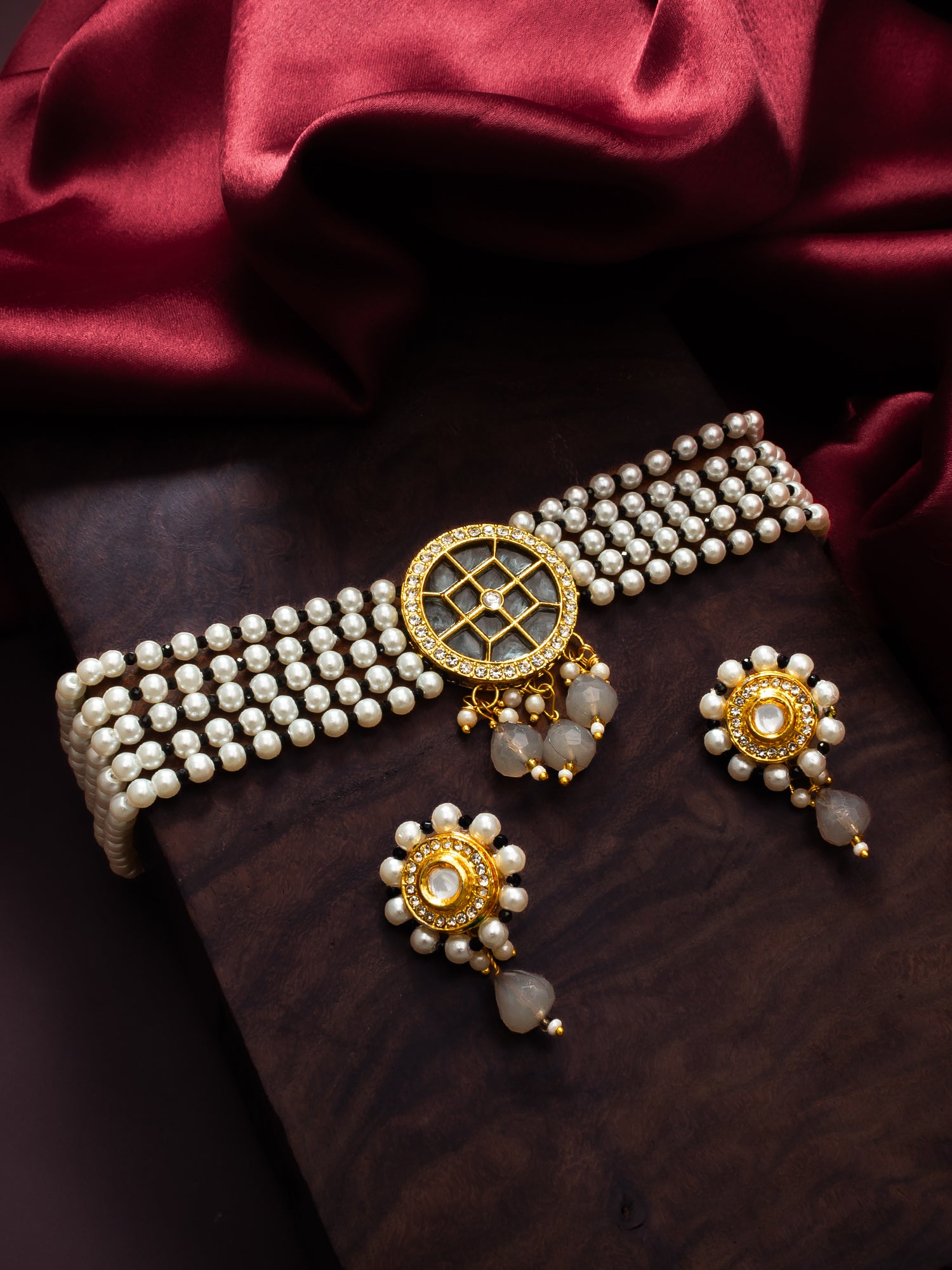 Traditional White Pearl Choker Necklace Set with Round Black Centerpiece & Earrings – View 5 | Aadita Jewelry