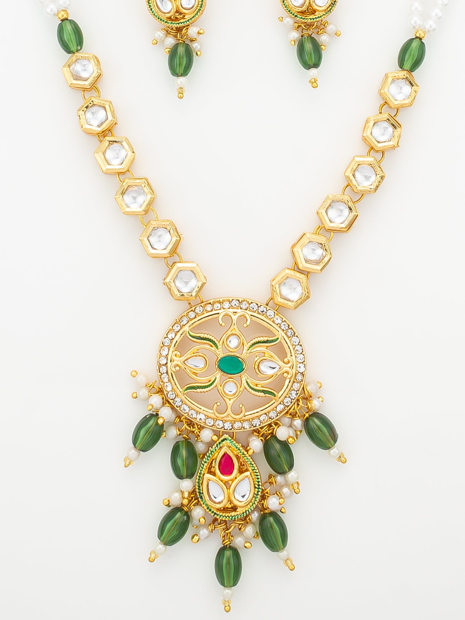 Aadita Green Meenakari Long Necklace Set with Oval Pendant and Teardrop Earrings – View 4 | Aadita Jewelry