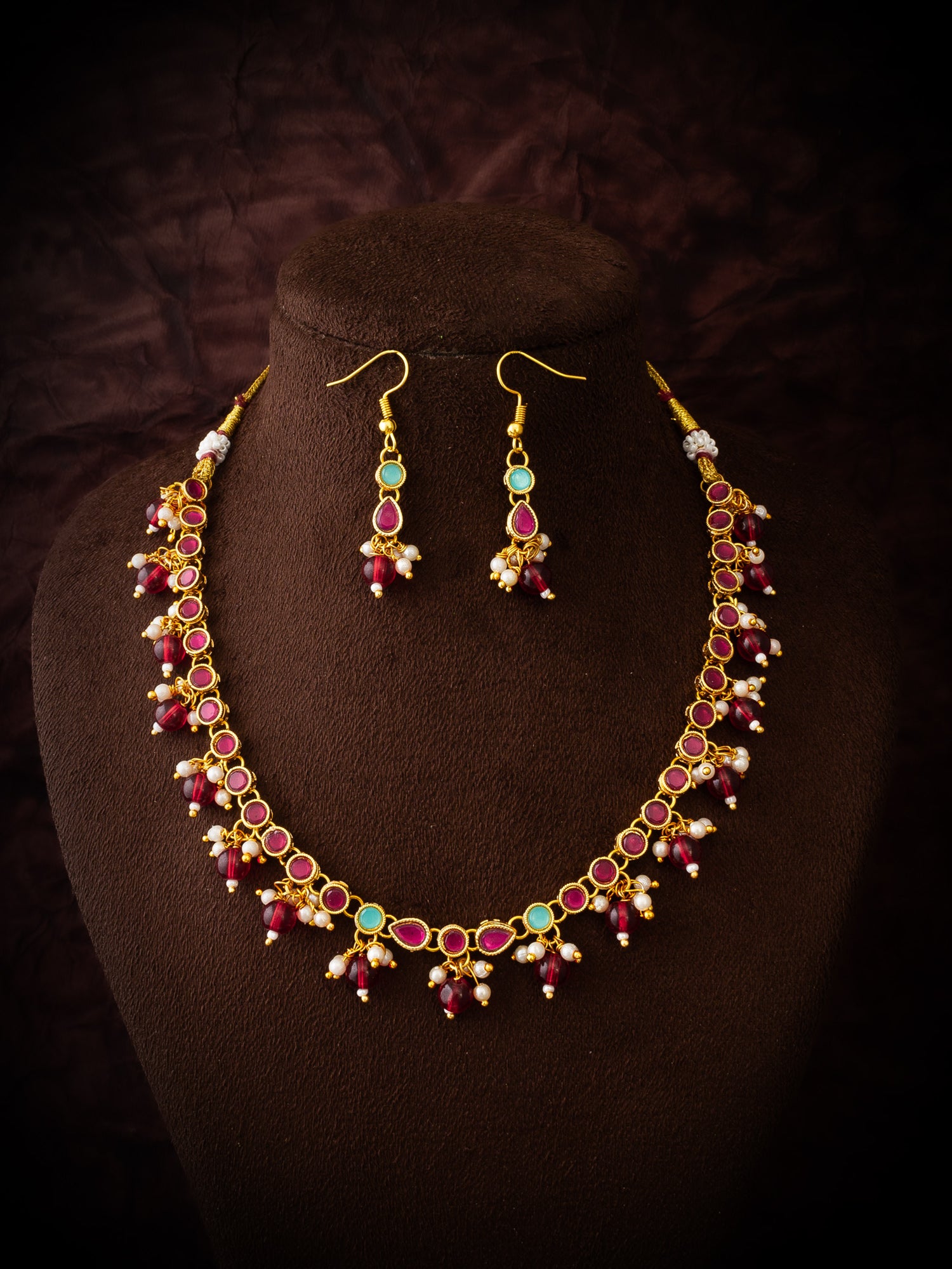 Gold-Plated Red Beaded Kundan Choker Necklace Set for Women & Girls – View 4 | Aadita Jewelry
