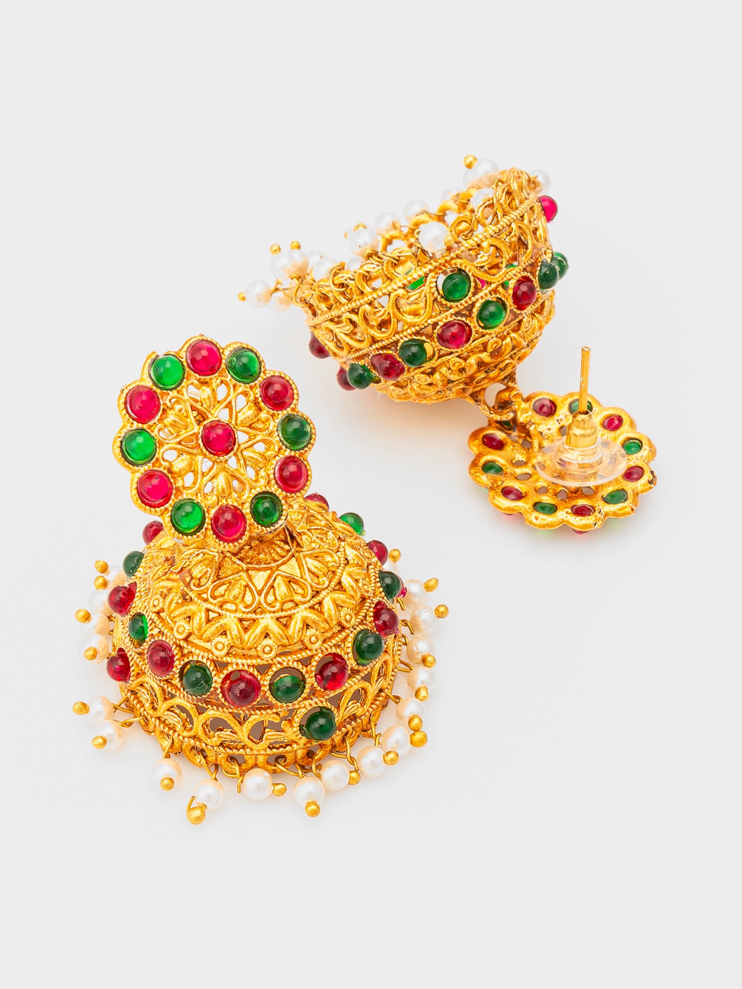 Aadita Gold Plated Traditional Jhumka Earrings with Red and Green Stones – View 3 | Aadita Jewelry