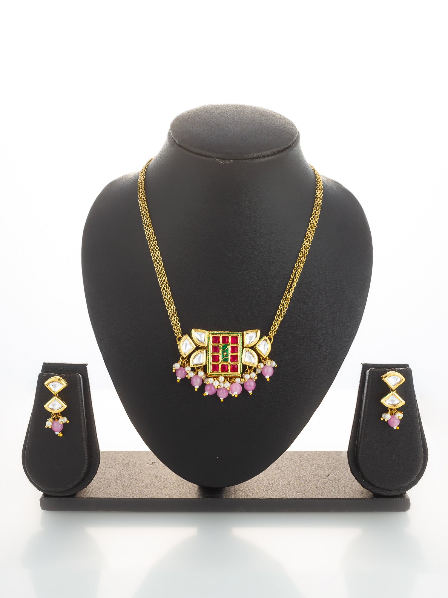 Geometric Pink and Green Stone Necklace Set – View 5 | Aadita Jewelry