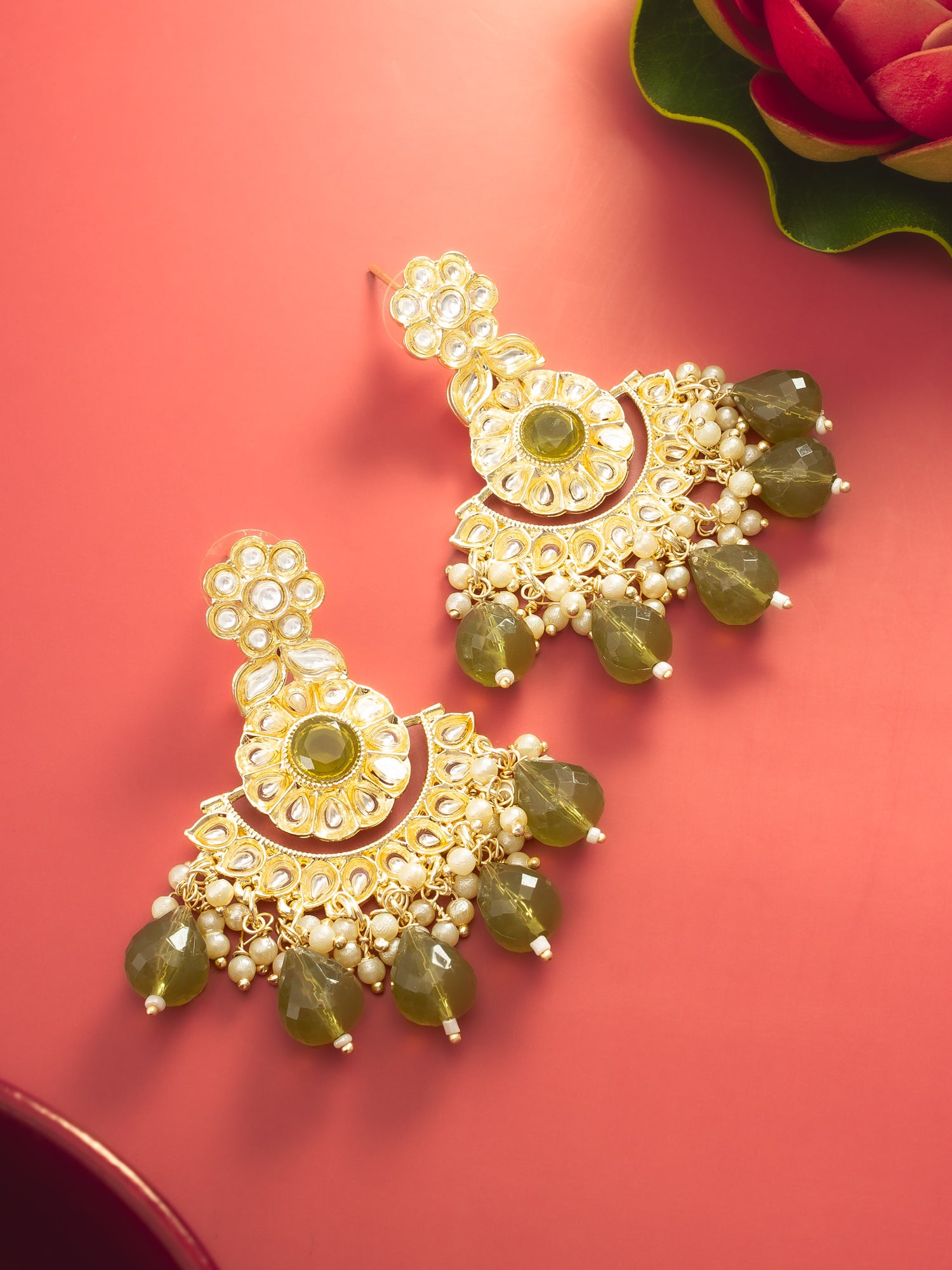 Aadita Olive Green Kundan Chandelier Earrings with Faceted Drops – View 5 | Aadita Jewelry