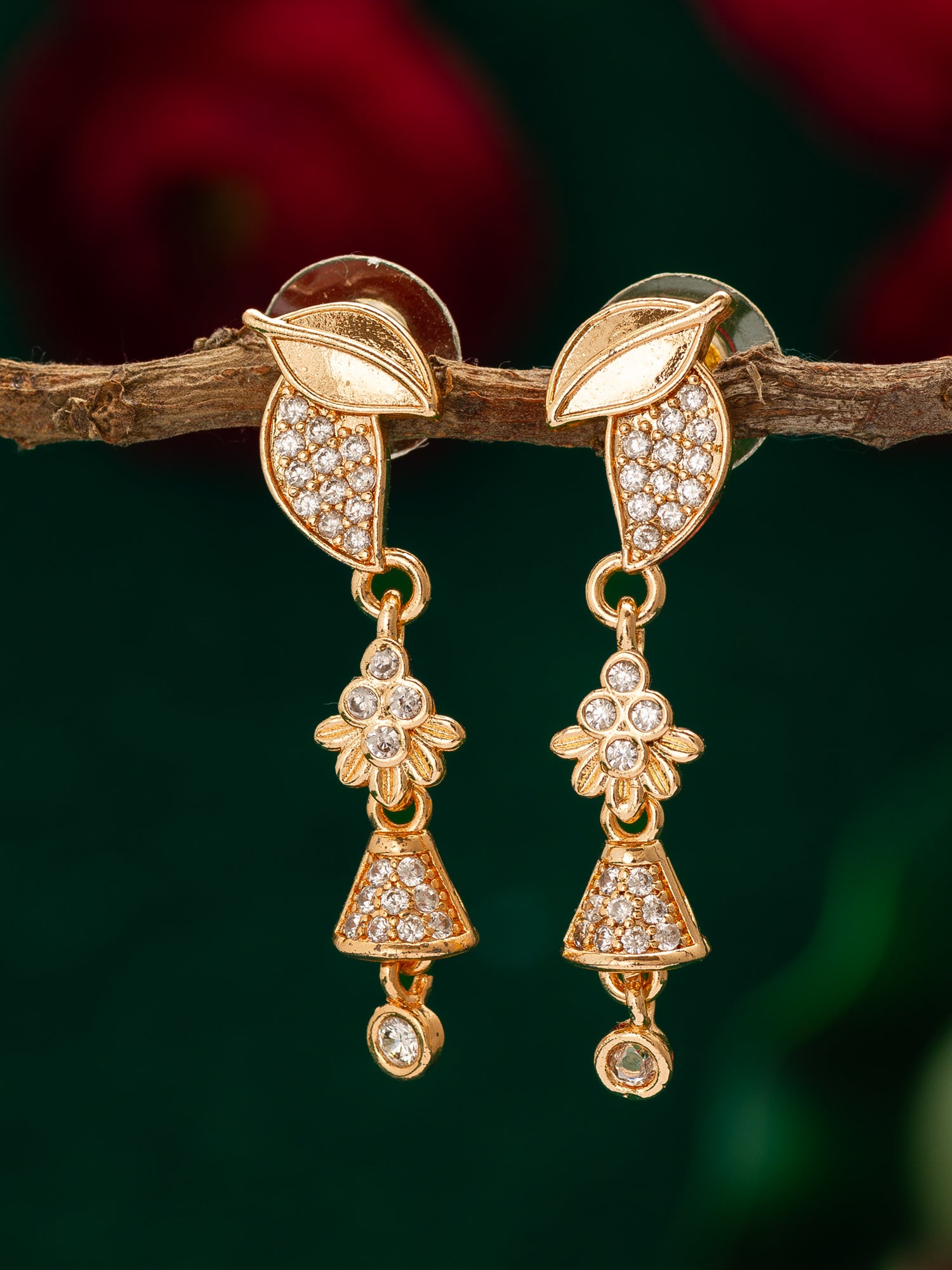 Leaf Motif American Diamond Drop Earrings – View 4 | Aadita Jewelry