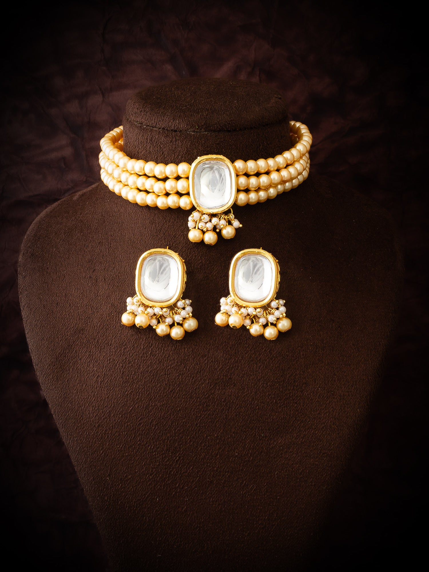 Gold-Toned Kundan Beaded Choker Necklace Set with Earrings – View 4 | Aadita Jewelry