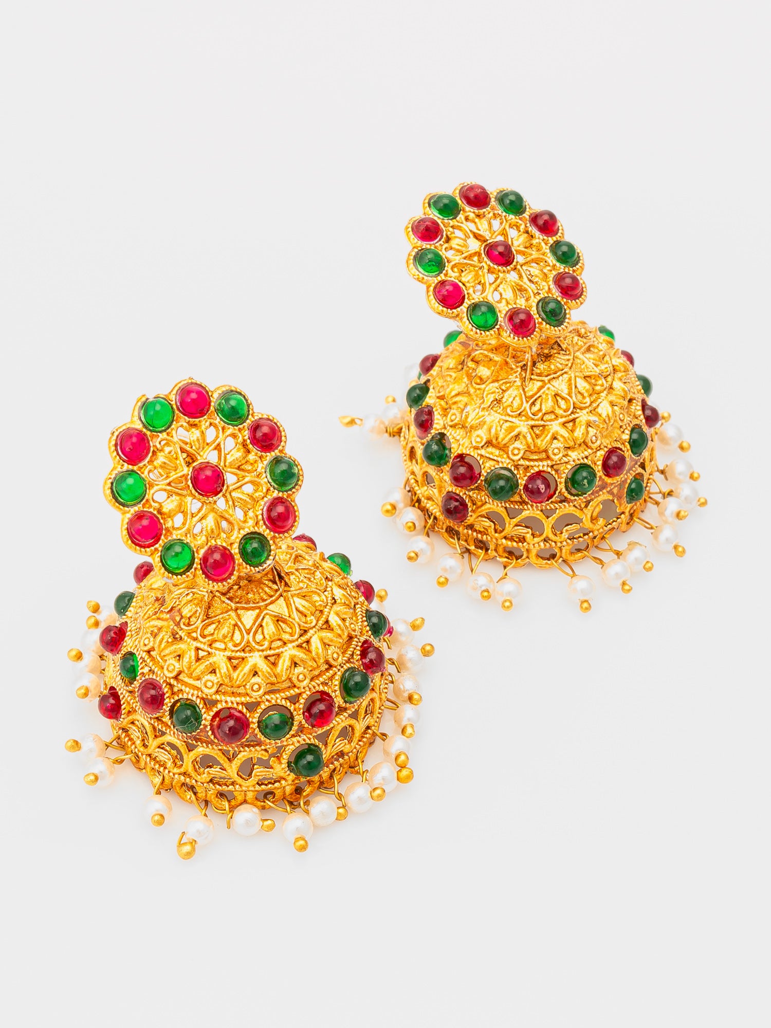 Aadita Gold Plated Traditional Jhumka Earrings with Red and Green Stones – View 2 | Aadita Jewelry