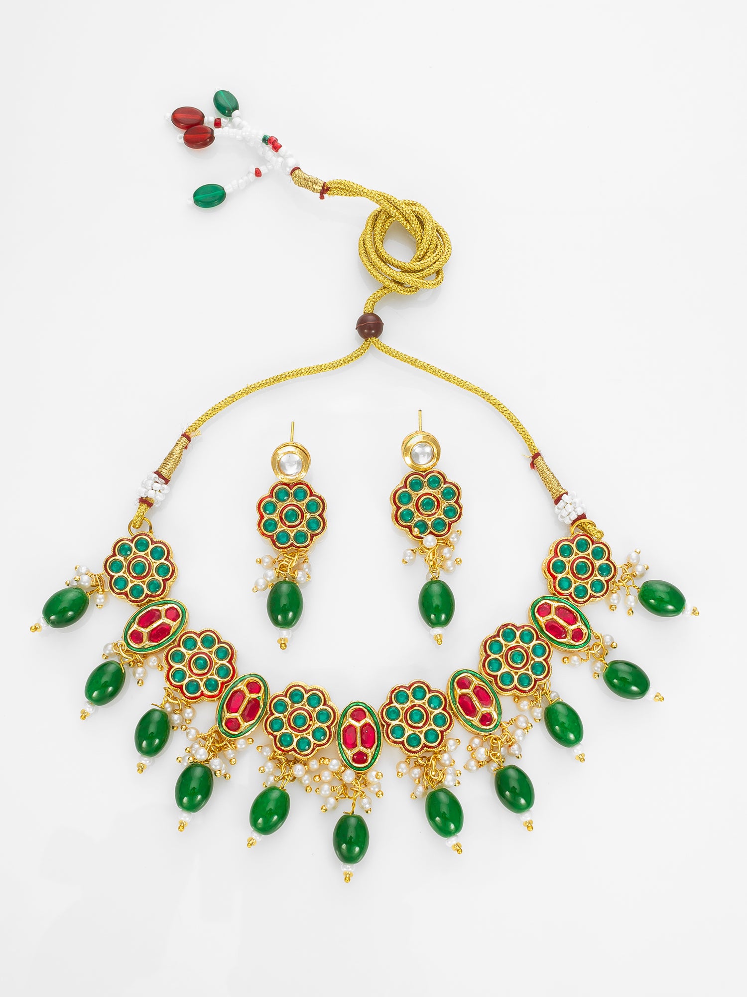 Gold Plated Red & White Kundan Beaded Traditional Necklace Set | Aadita Jewelry