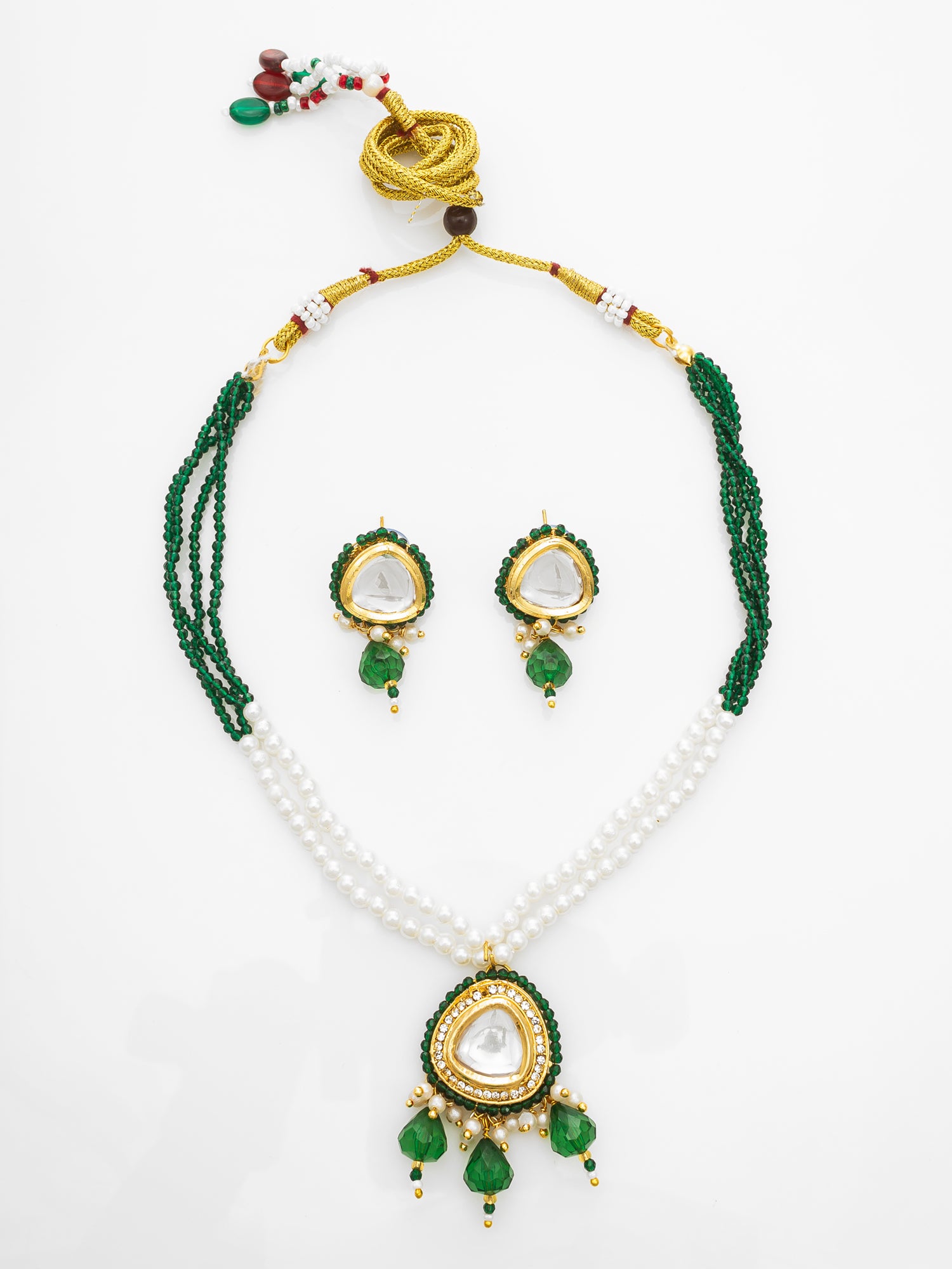 Gold-Plated Green Beaded Kundan Necklace Set for Women | Aadita Jewelry