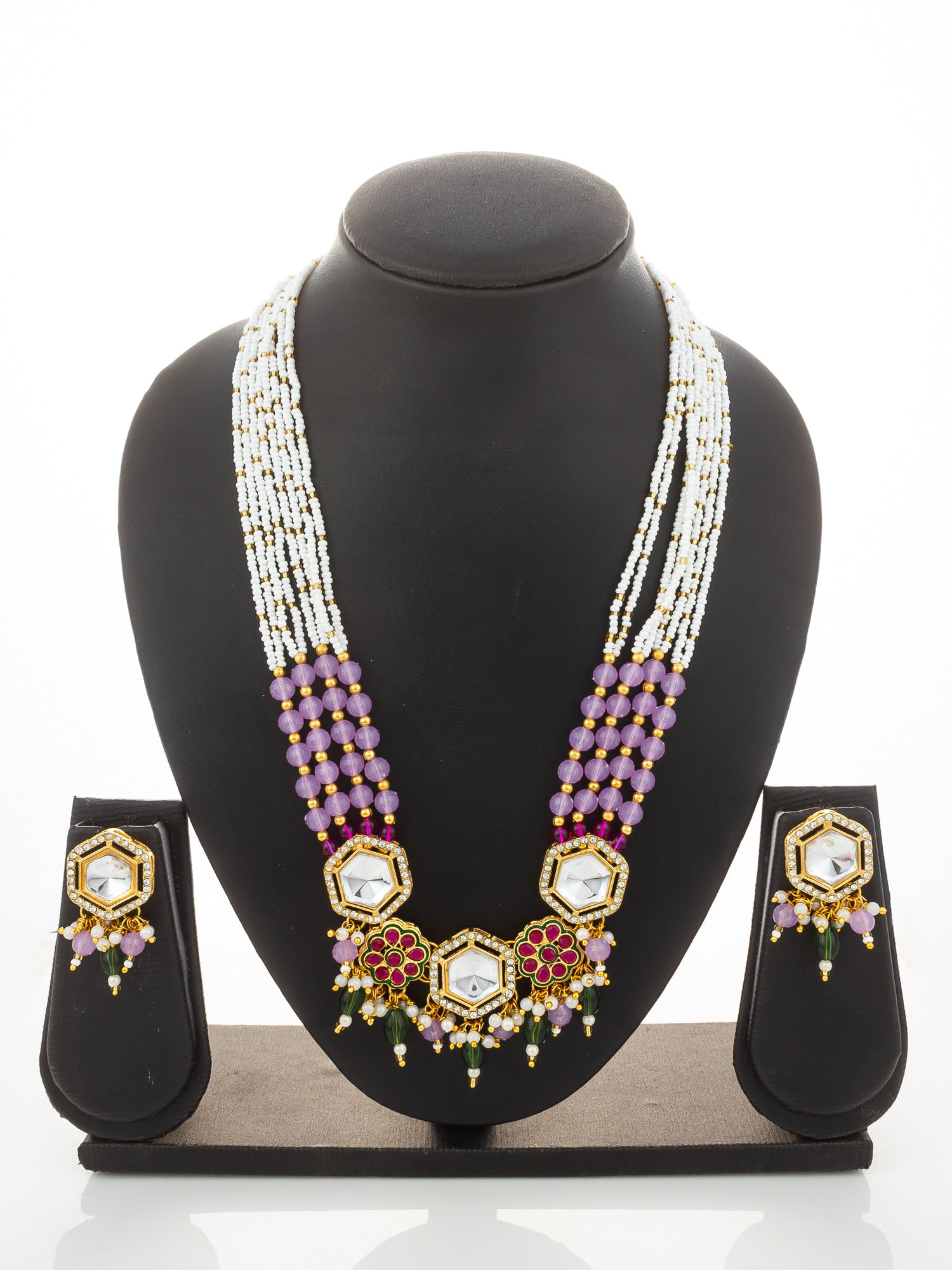 Aadita Gold Plated Kundan Hexagon Necklace Set with Pink Beads and Meenakari Earrings – View 5 | Aadita Jewelry