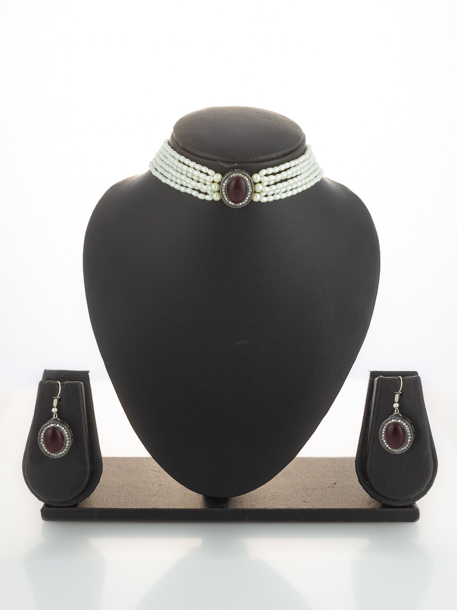 Silver Plated Pearl Choker Set with Maroon Stone – View 5 | Aadita Jewelry