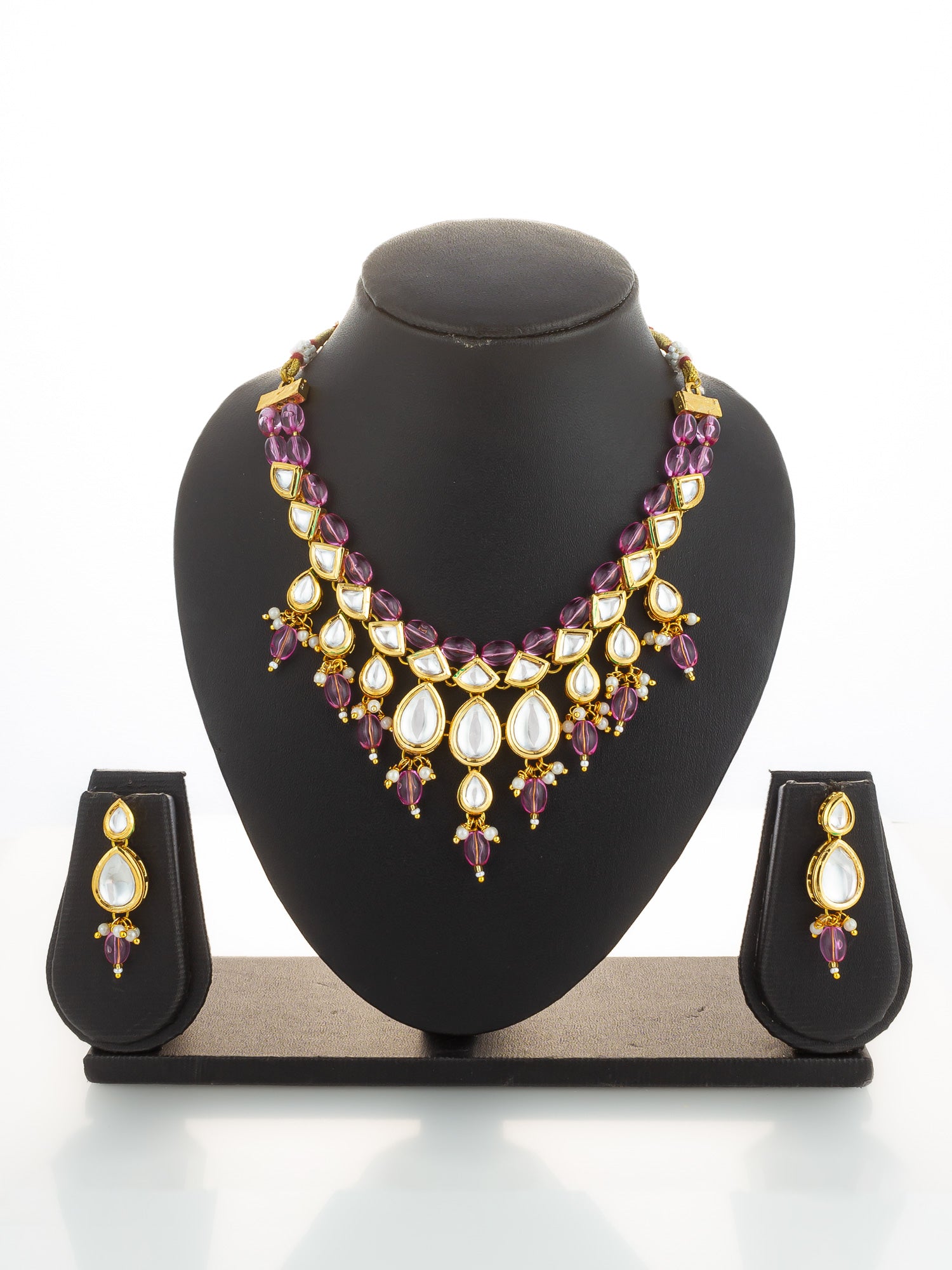 Gold Plated Kundan & Pink Crystal Drop Necklace Set – View 5 | Aadita Jewelry