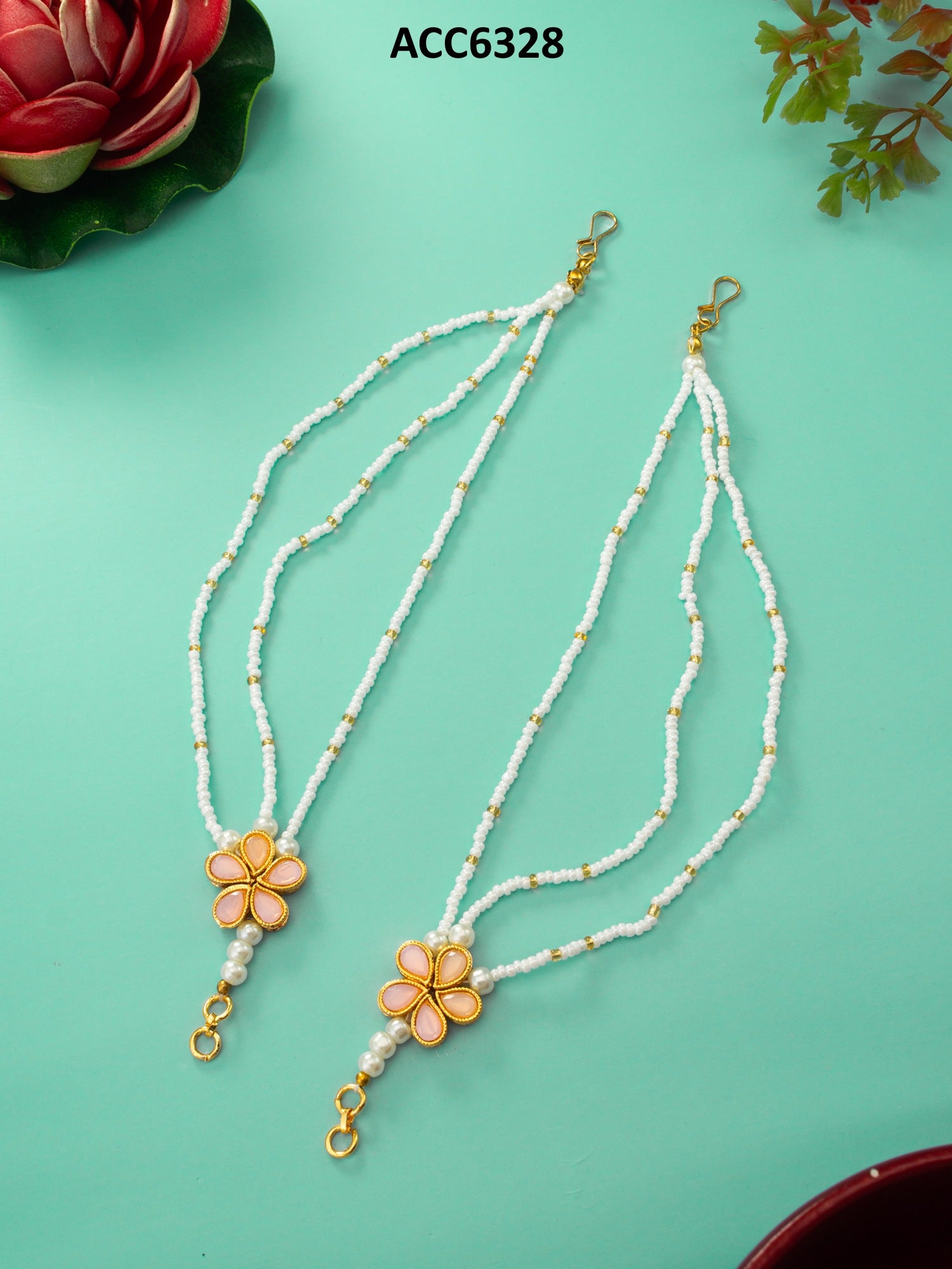 Gold-Tone Floral Kundan Ear Chain with Multi-Strand Pearl and Gold Bead Detailing – View 5 | Aadita Jewelry