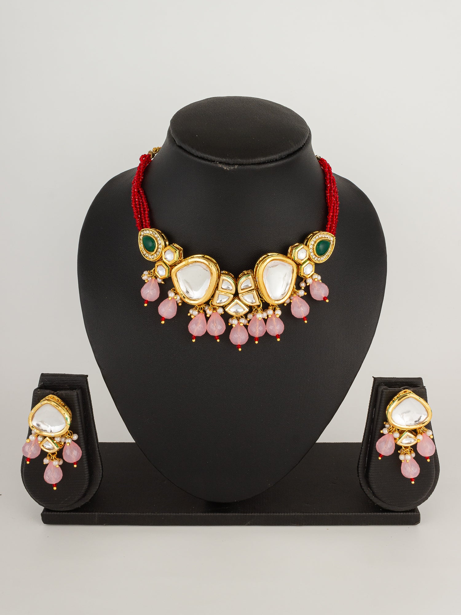 Pink Kundan Necklace Set with Beaded Drops – View 4 | Aadita Jewelry