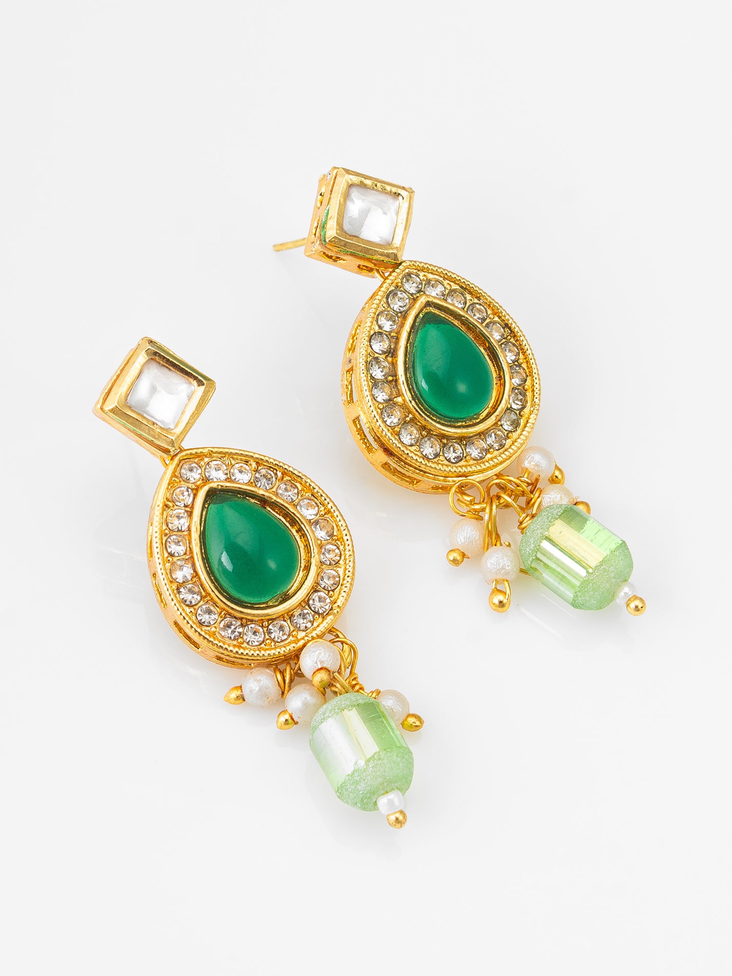 Gold-Plated AD Stone Earrings with Crystal Halo and Bead Drops | Aadita Jewelry