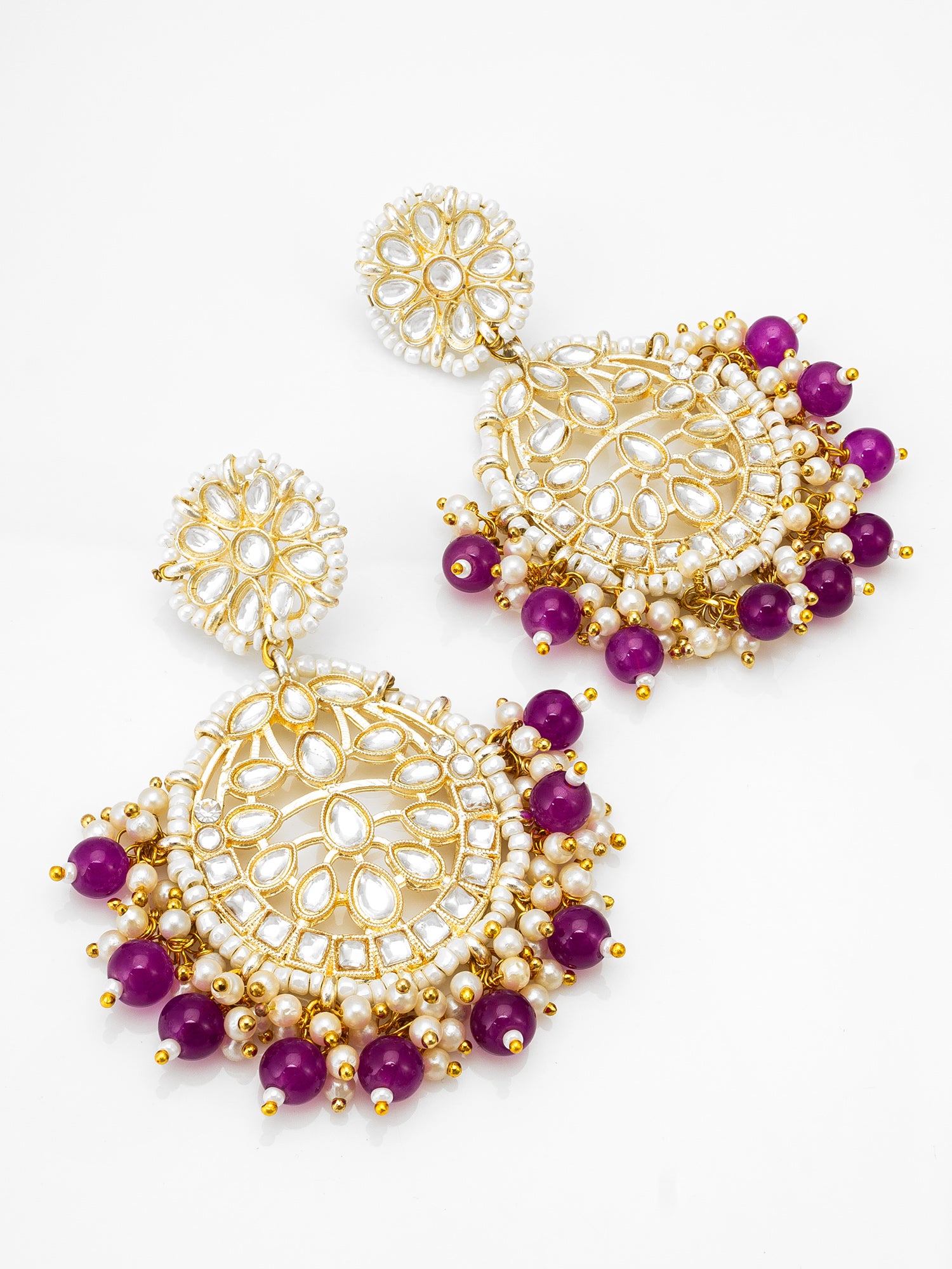 Kundan Chandbali Earrings with Purple Beads and Pearl Cluster Drops | Aadita Jewelry