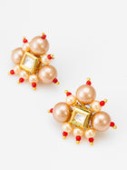 Five-Strand Peach Pearl Mala Necklace Set with Kundan Cluster Earrings – View 2 | Aadita Jewelry