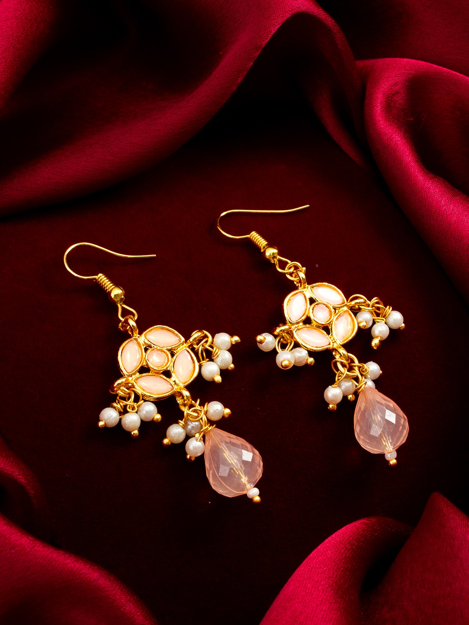Gold-Toned Peach Floral Earrings with Pearl Drops and Crystal Dangle – View 4 | Aadita Jewelry