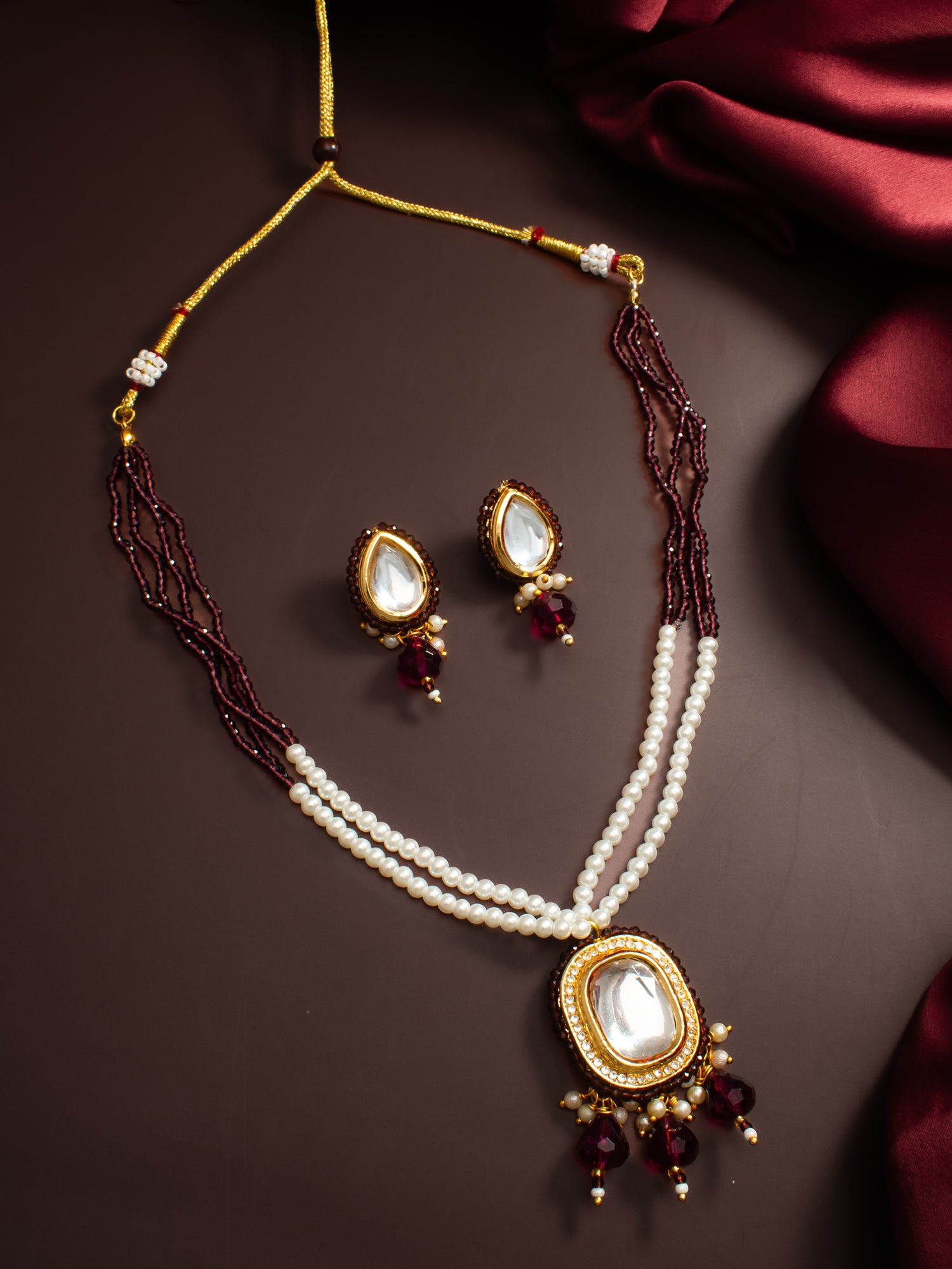 Gold-Plated Maroon Beaded Kundan Necklace Set with Earrings – View 5 | Aadita Jewelry